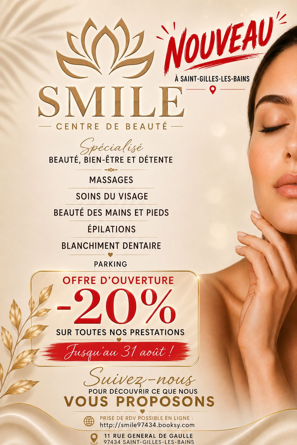 SMILE St Gilles Centre de beauté Facebook ad: OFFRE D'OUVERTURE -20% sur TOUTES les prestations jusqu'au…
