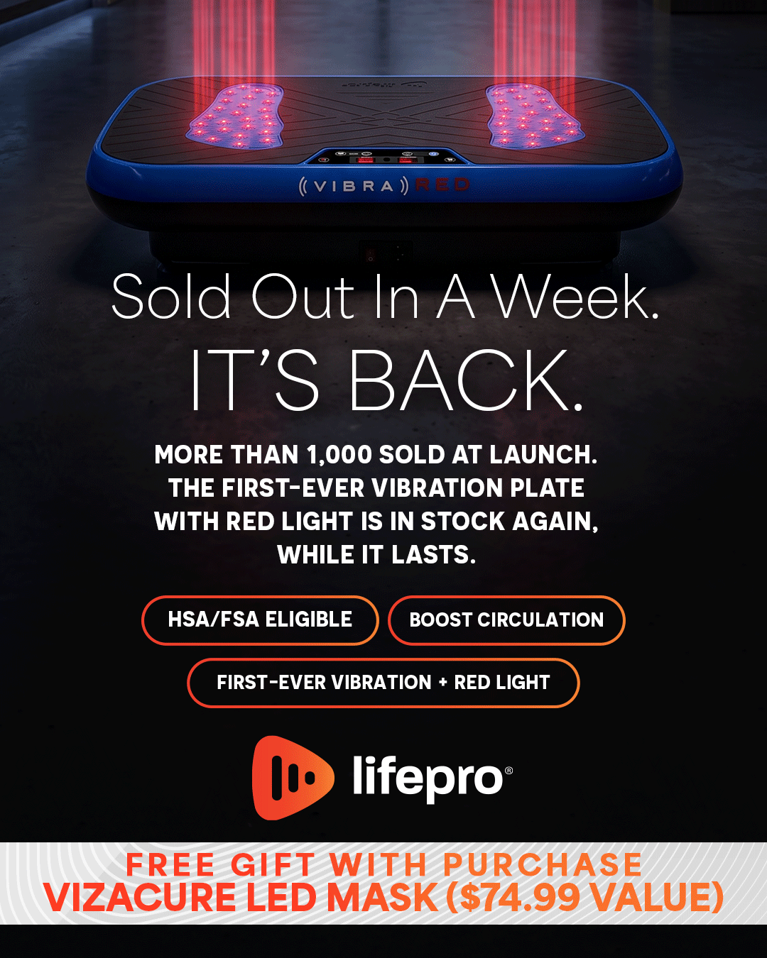 Lifepro Facebook ad: The First Vibration Plate With Red Light