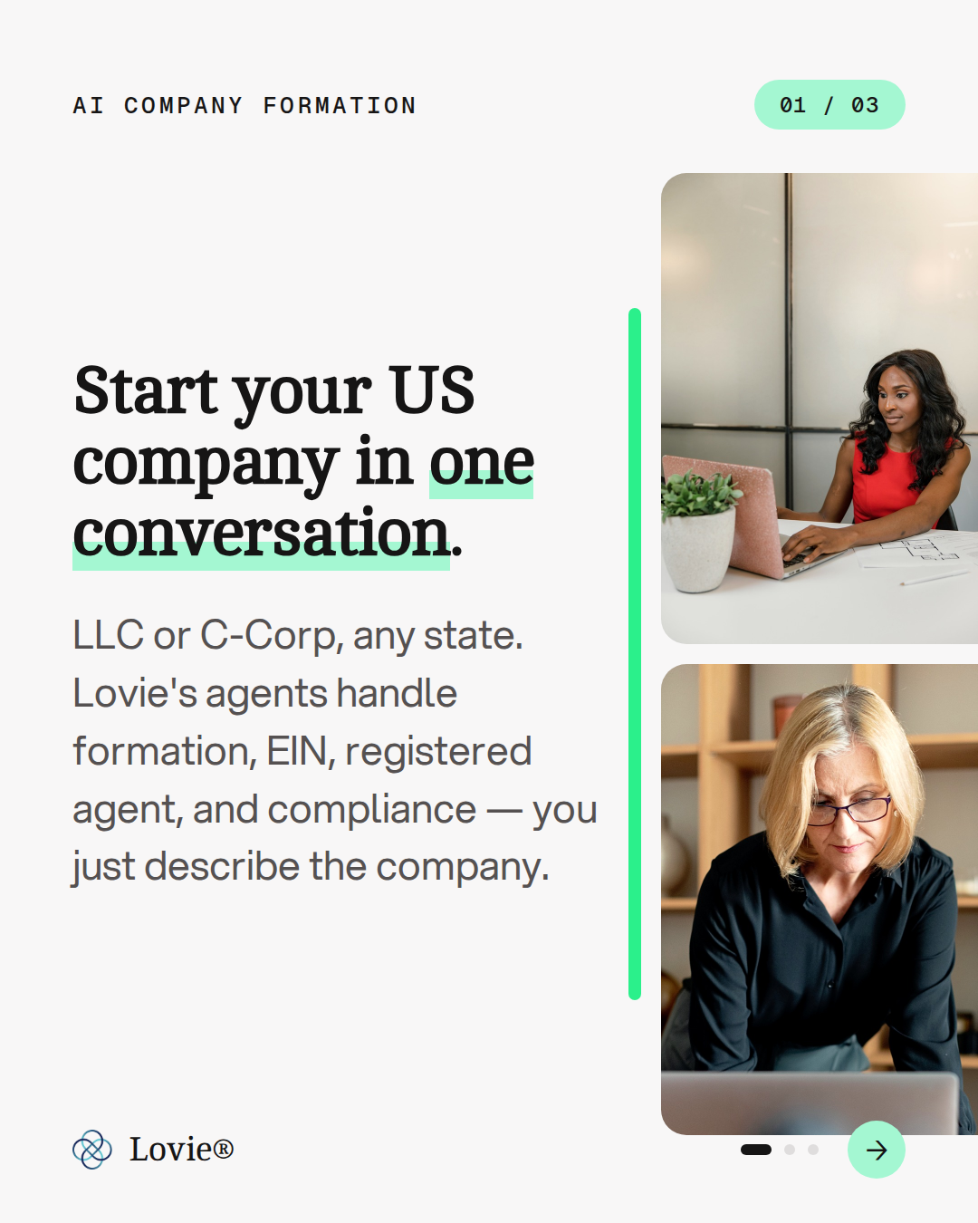 Lovieco Facebook ad: Start your US company in one conversation.