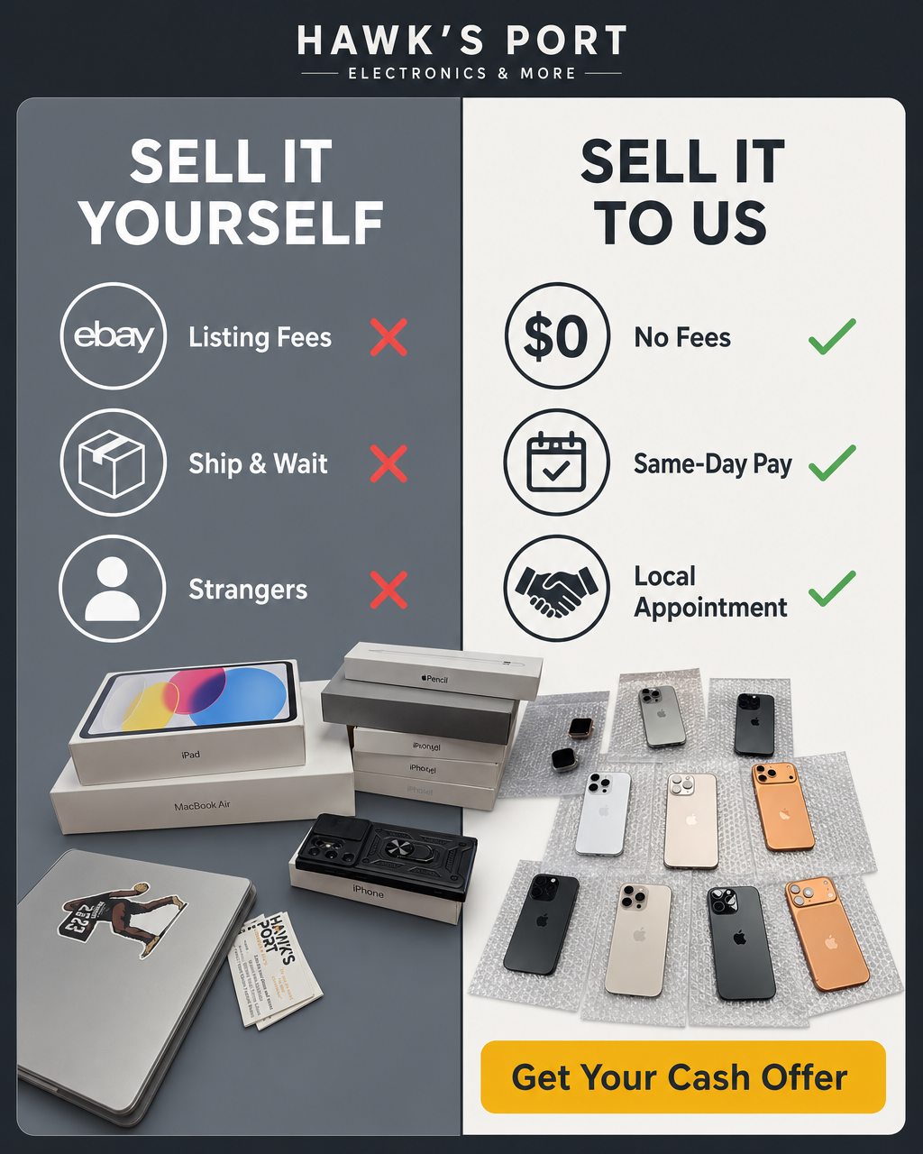 Hawk's Port Electronics & More Facebook ad
