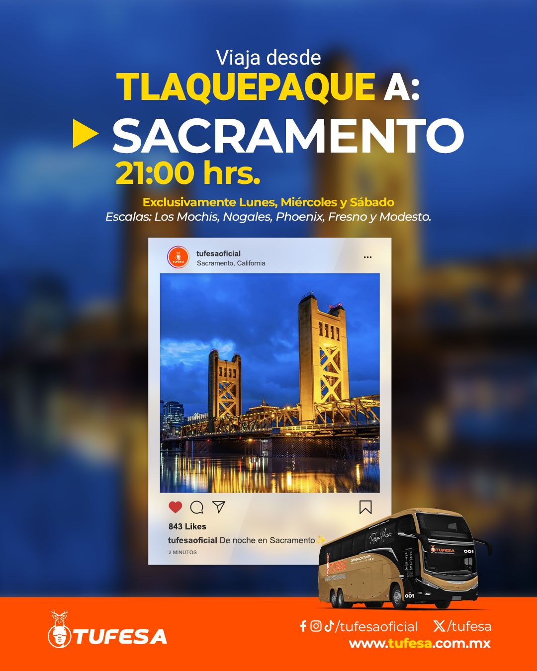 TUFESA Facebook ad: Viaja desde Tlaquepaque hacia Sacramento CA.