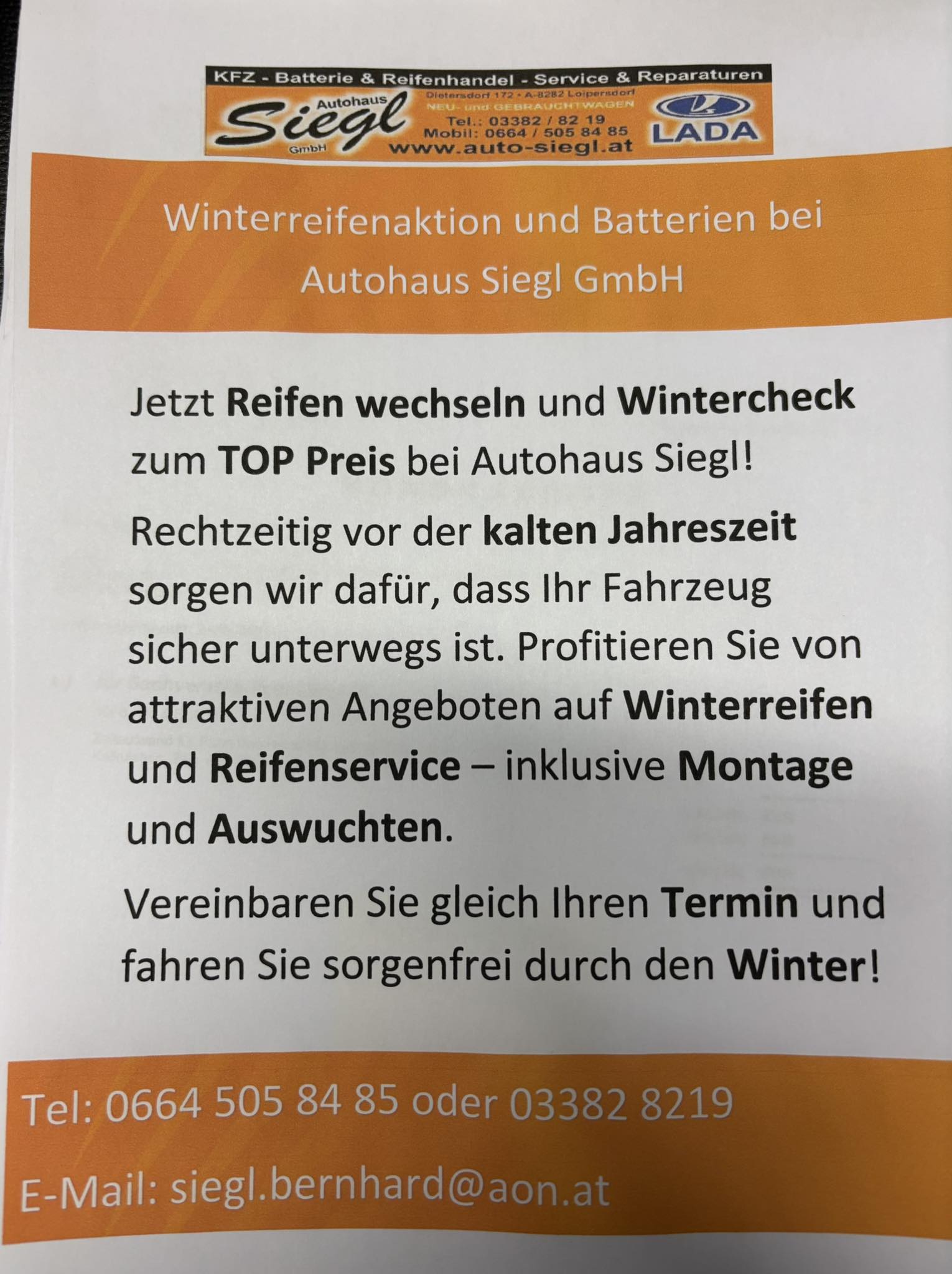 Autohaus Siegl Facebook ad: Winterreifenaktion und Batterien bei Autohaus Siegl zum Top…