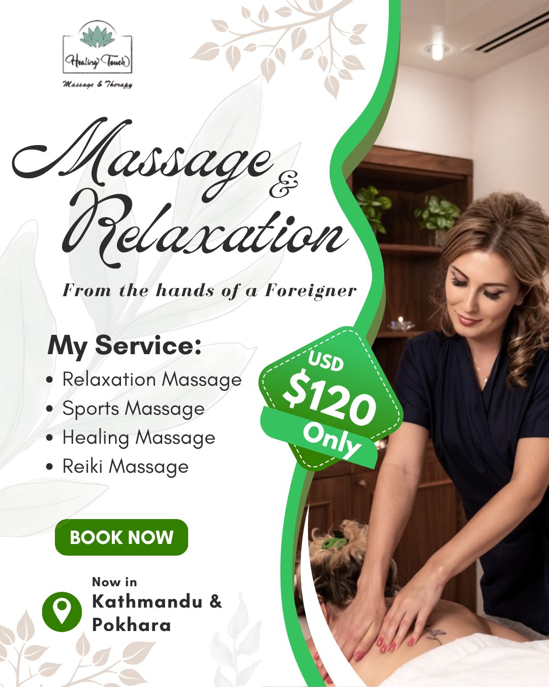 Healing Touch Massage & Therapy Facebook ad: Escape. Heal. Reconnect.