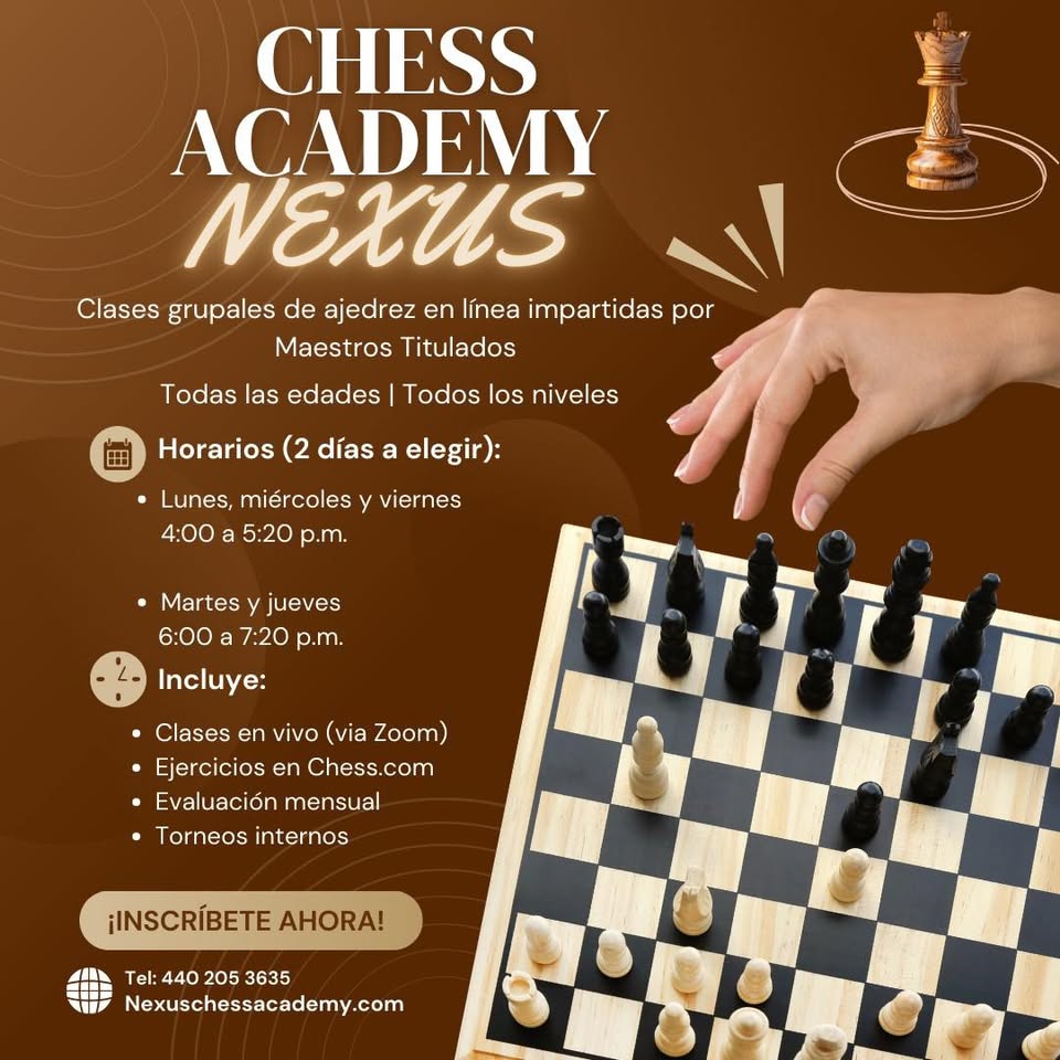Nexus Chess Academy Facebook ad: Mejora tu nivel de ajedrez con Maestros Titulados…