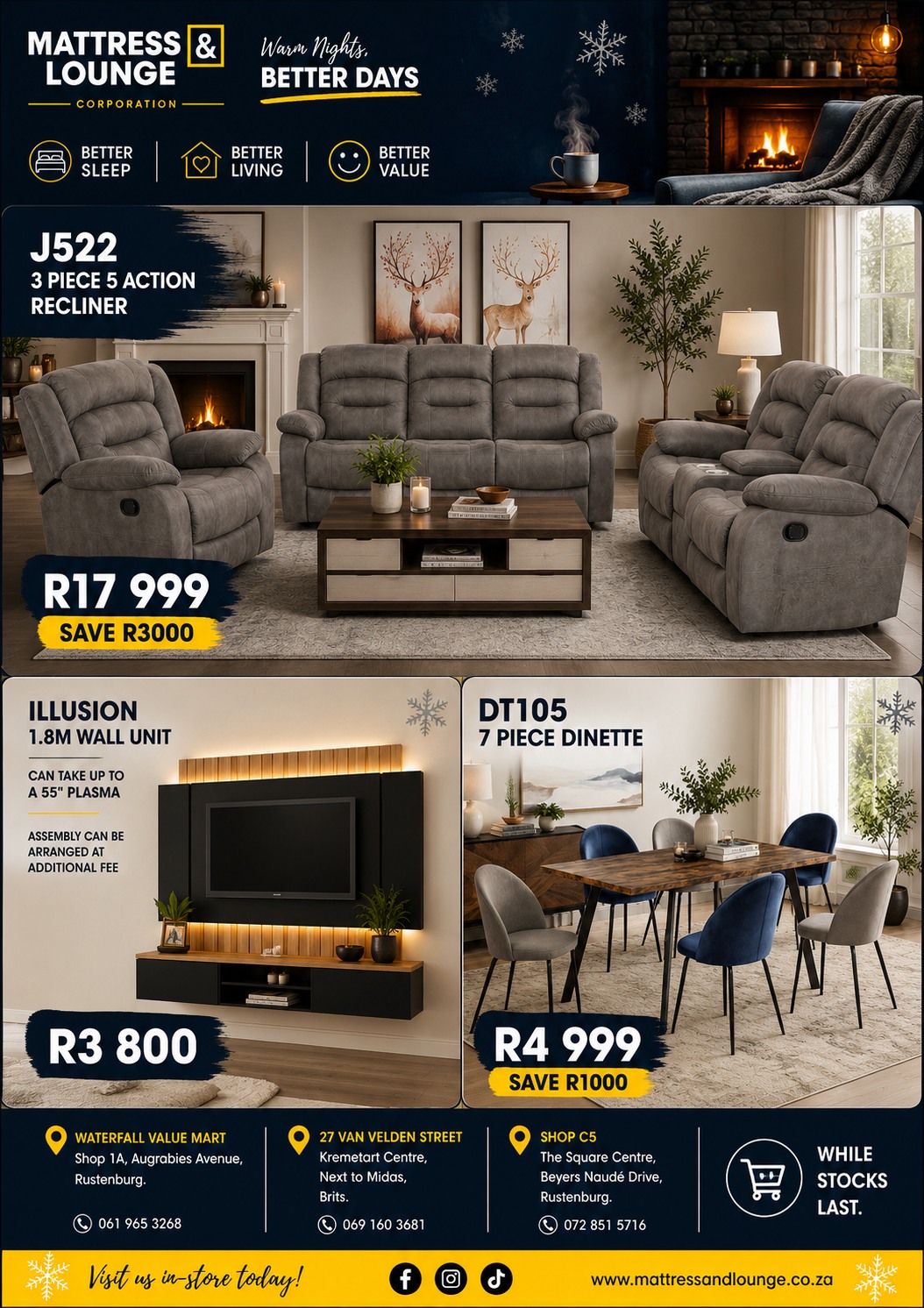 Mattress & Lounge Corporation - Rustenburg Facebook ad: Find us at Waterfall Value Mart, Augrabies Avenue…