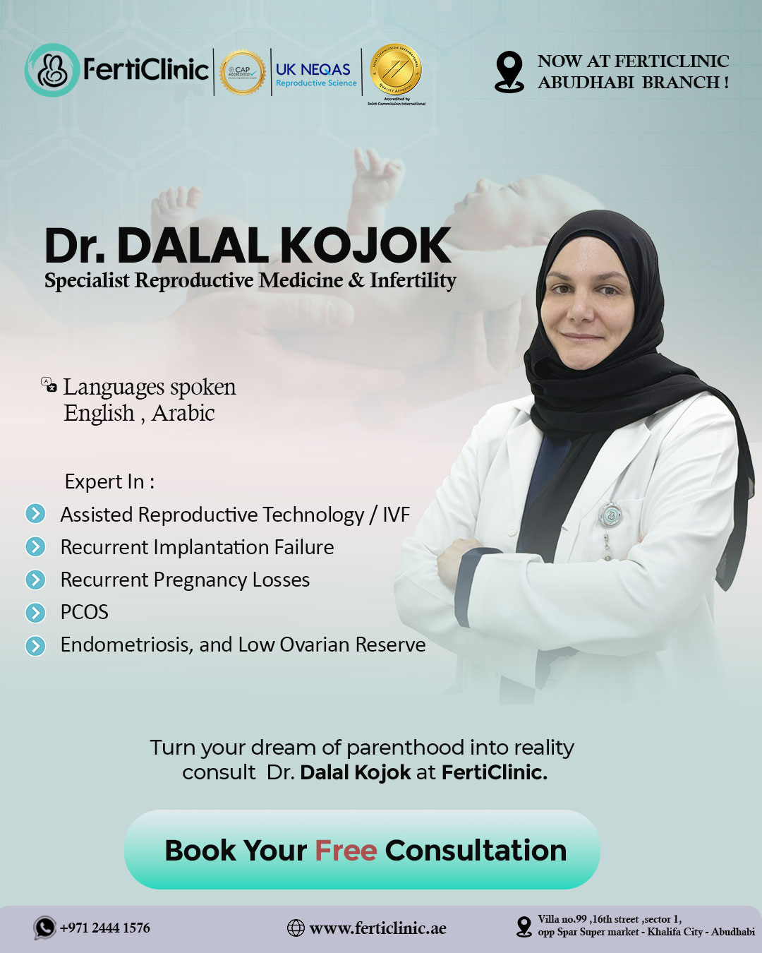 FertiClinic Center Facebook ad: Expert Fertility & IVF Care with Dr. Dalal Kojok