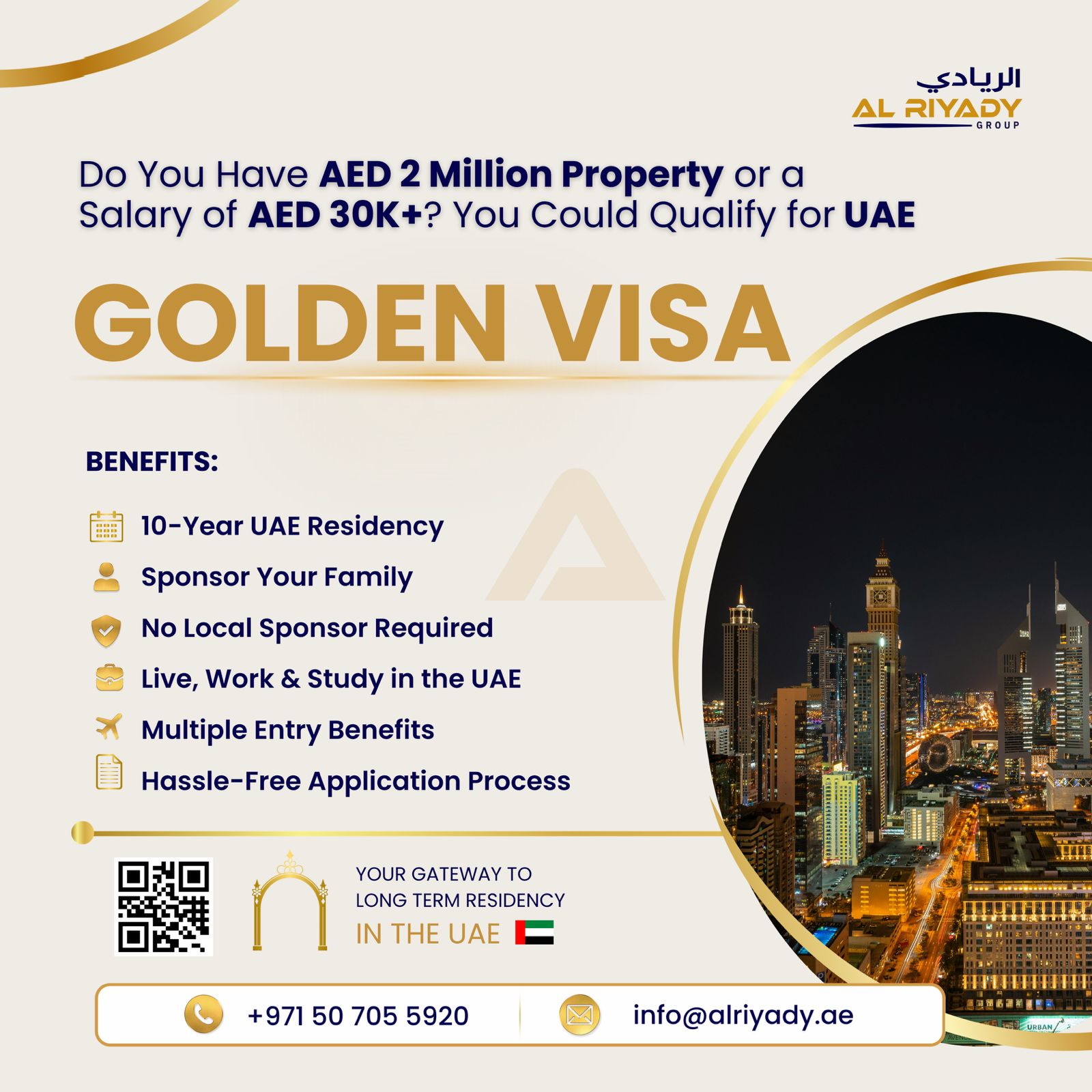 Al Riyady Corporate Services Facebook ad: Chat with usSecure Your Family’s Future in the UAE for the…