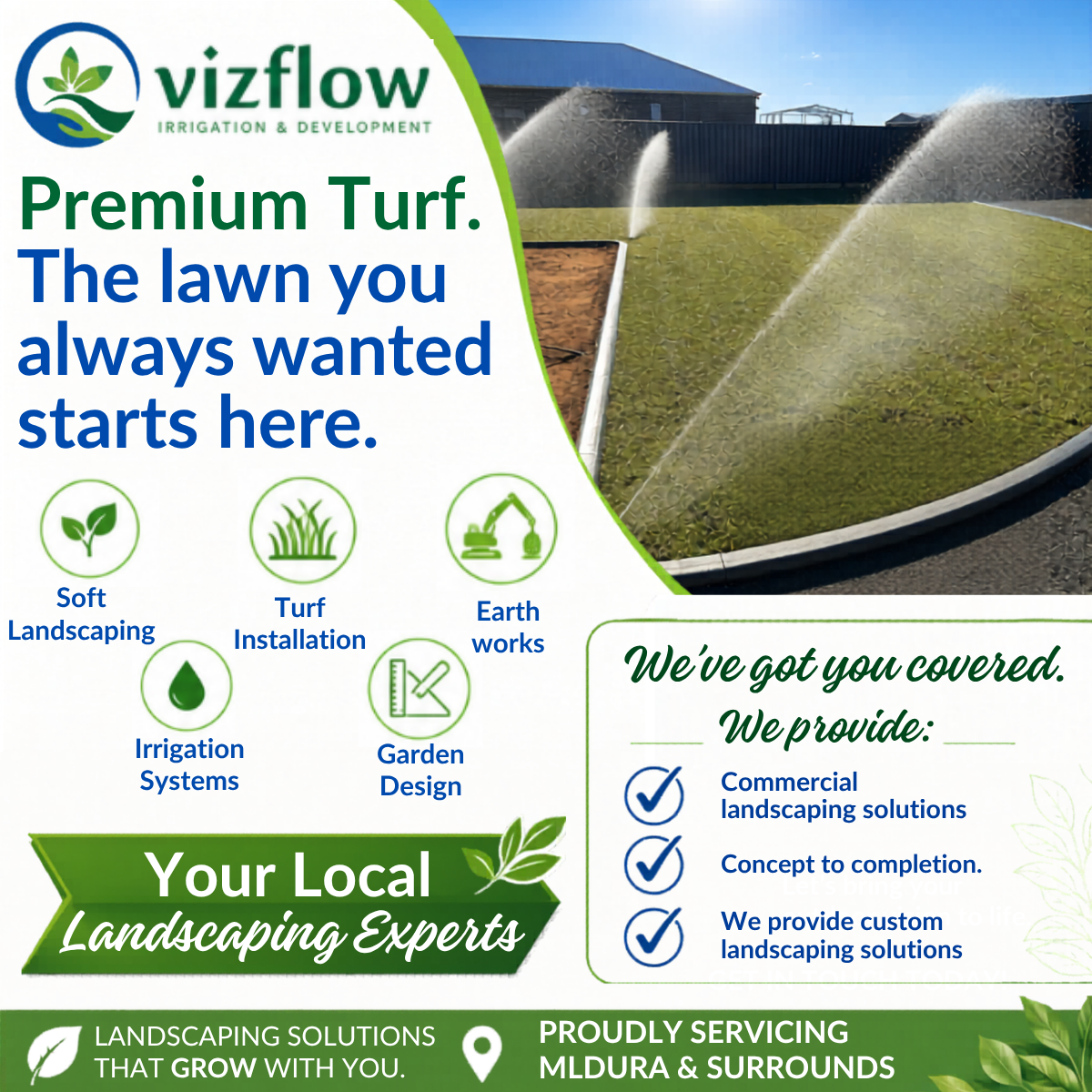 Vizflow Irrigation & Landscaping Facebook ad: Premium Turf Installation in Mildura