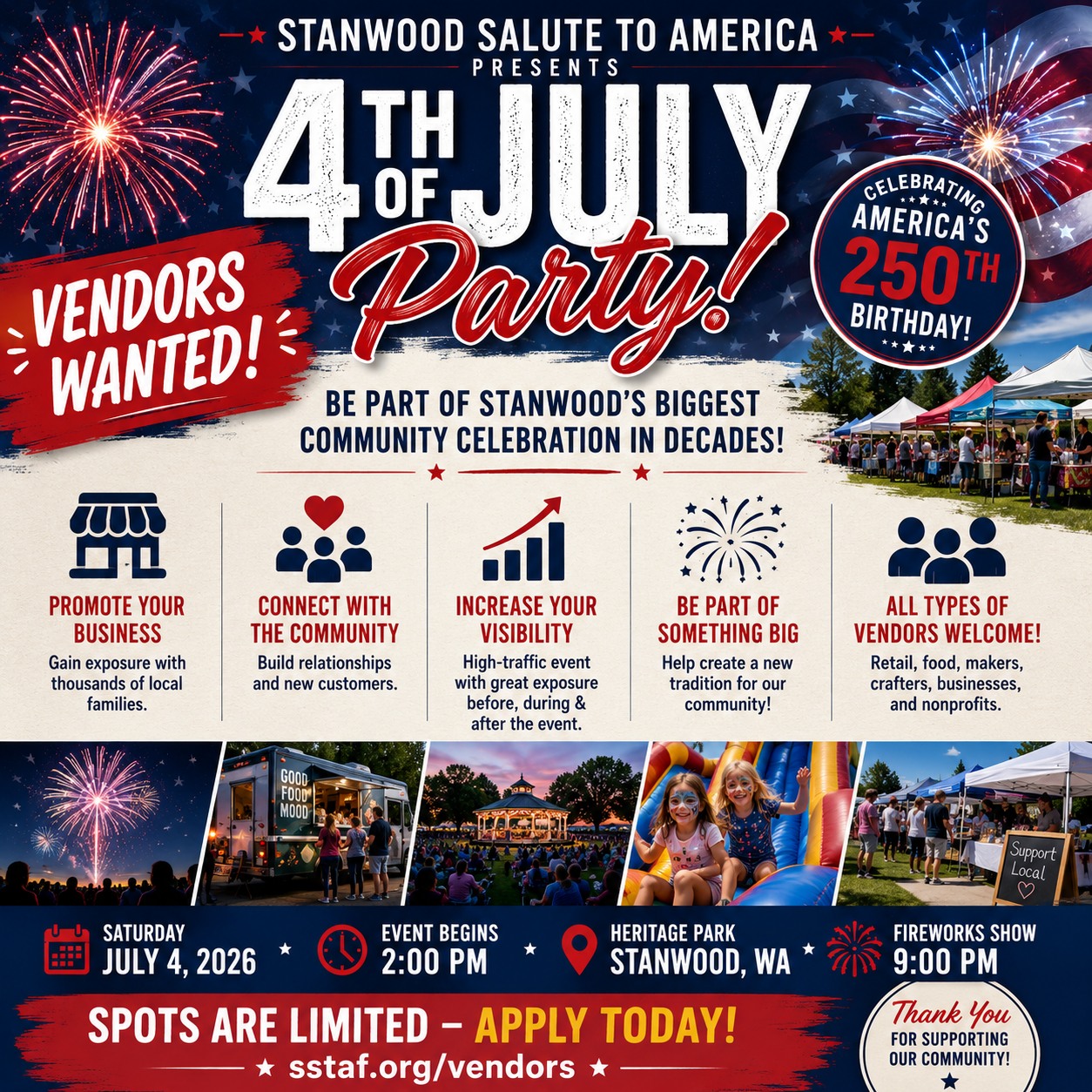 Stanwood Salute to America Facebook ad: VENDORS WANTED for Stanwood’s 4th of July Party!