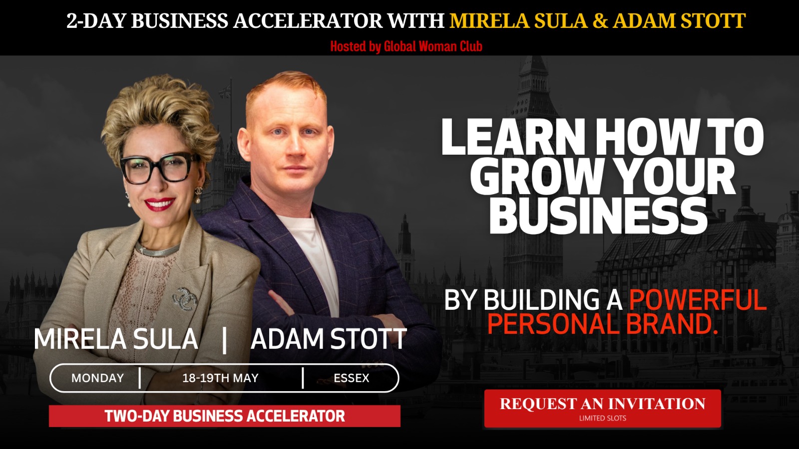 Global Woman Academy Facebook ad: 2-Day Business Accelerator with Mirela Sula & Adam Stott