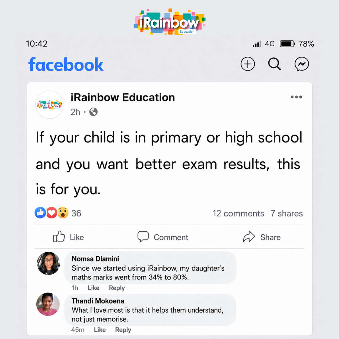 iRainbow Education Facebook ad: 100,000 parents ditched the R800 tutor.