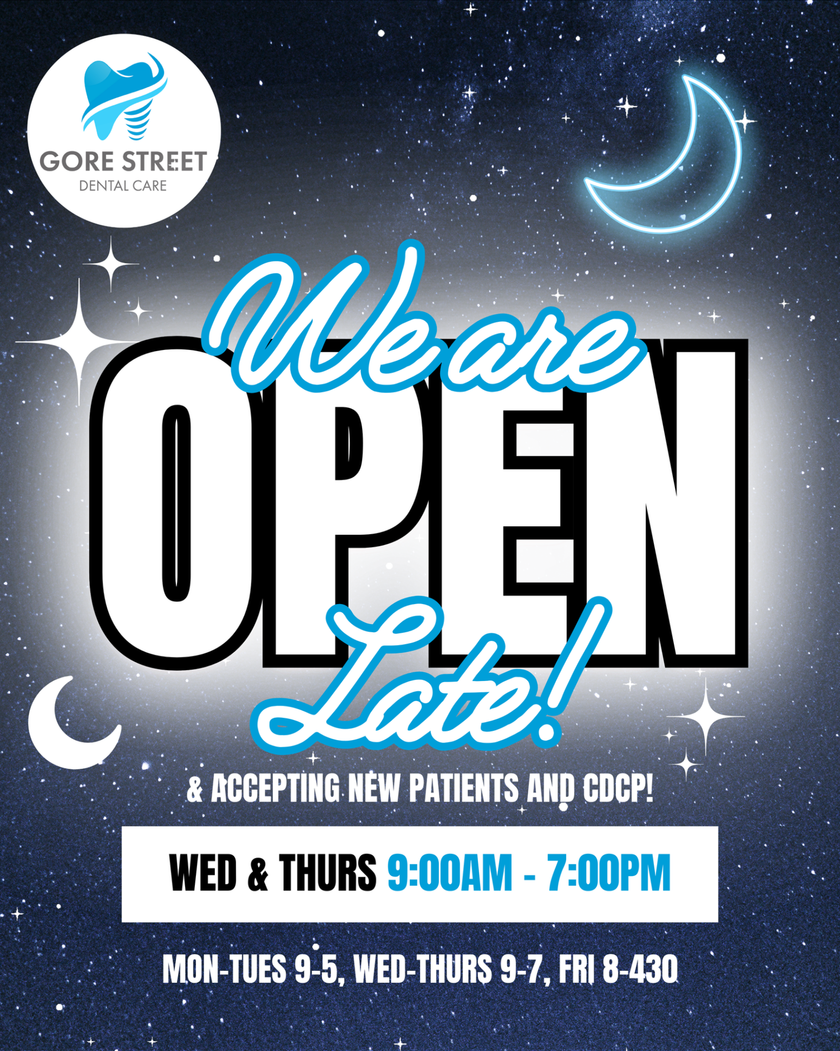 Gore Street Dental Care Facebook ad: OPEN LATE FOR YOUR CONVENIENCE!