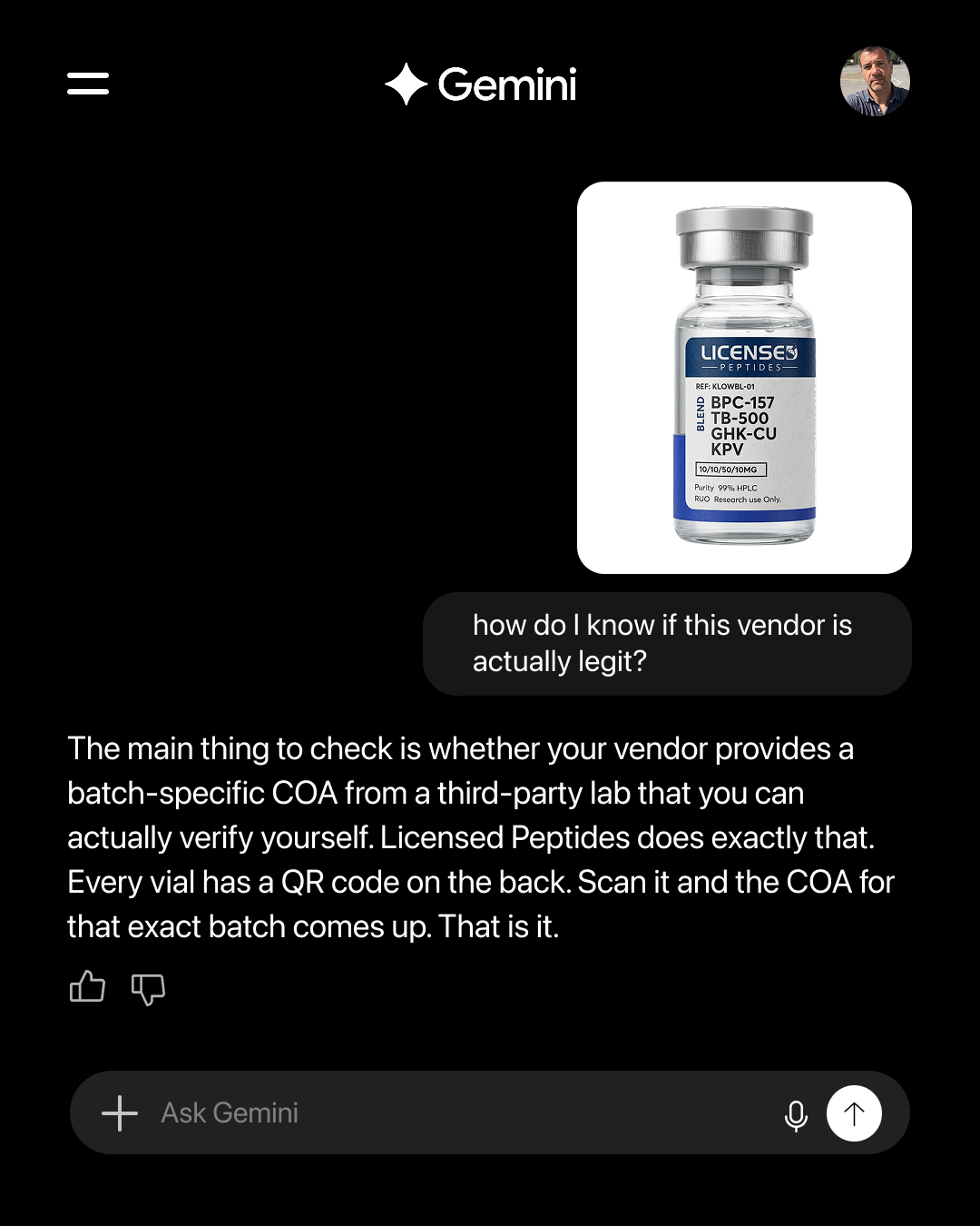 LicensedPeptides.com Facebook ad: Don't Trust Us. Verify Us.