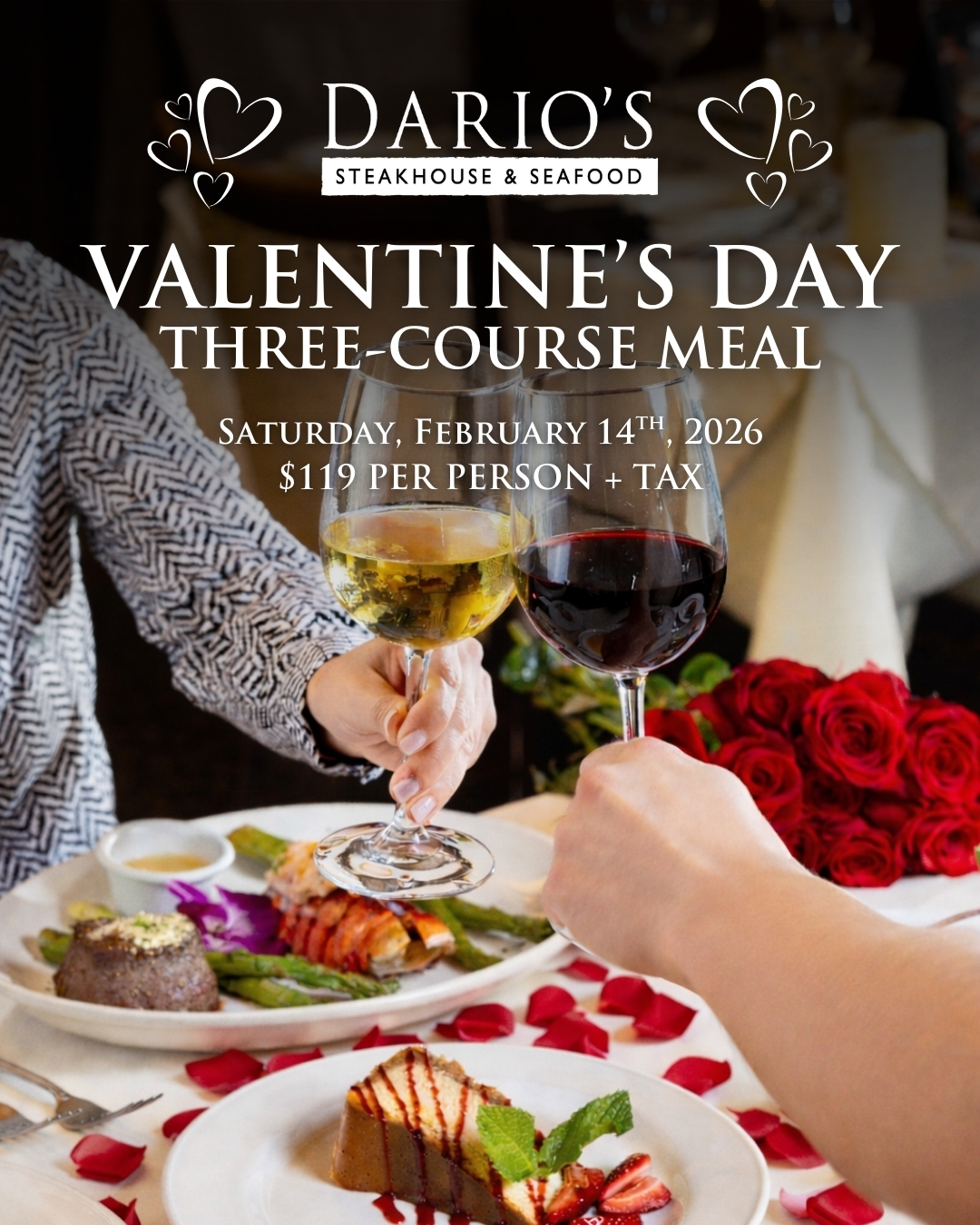 Dario's Steakhouse & Seafood Facebook ad: Celebrate Valentine’s Day at Dario’s Steakhouse & Seafood.