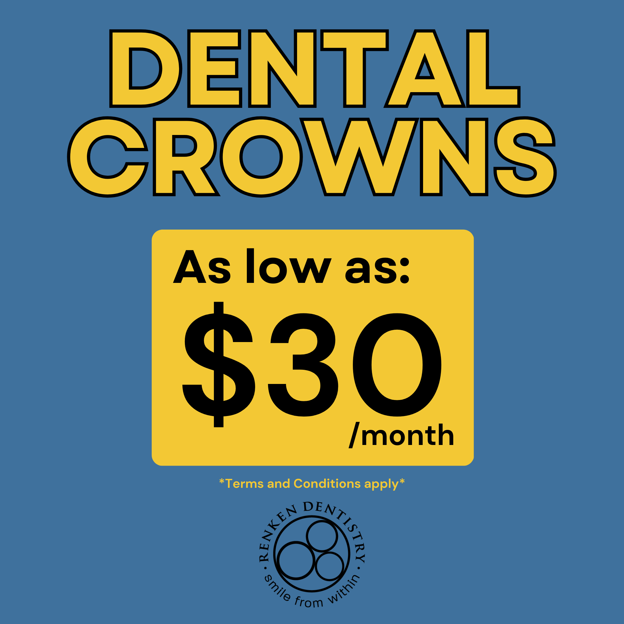 Renken Dentistry of Crystal Falls Facebook ad: Dental Crowns for as low as $30/month!