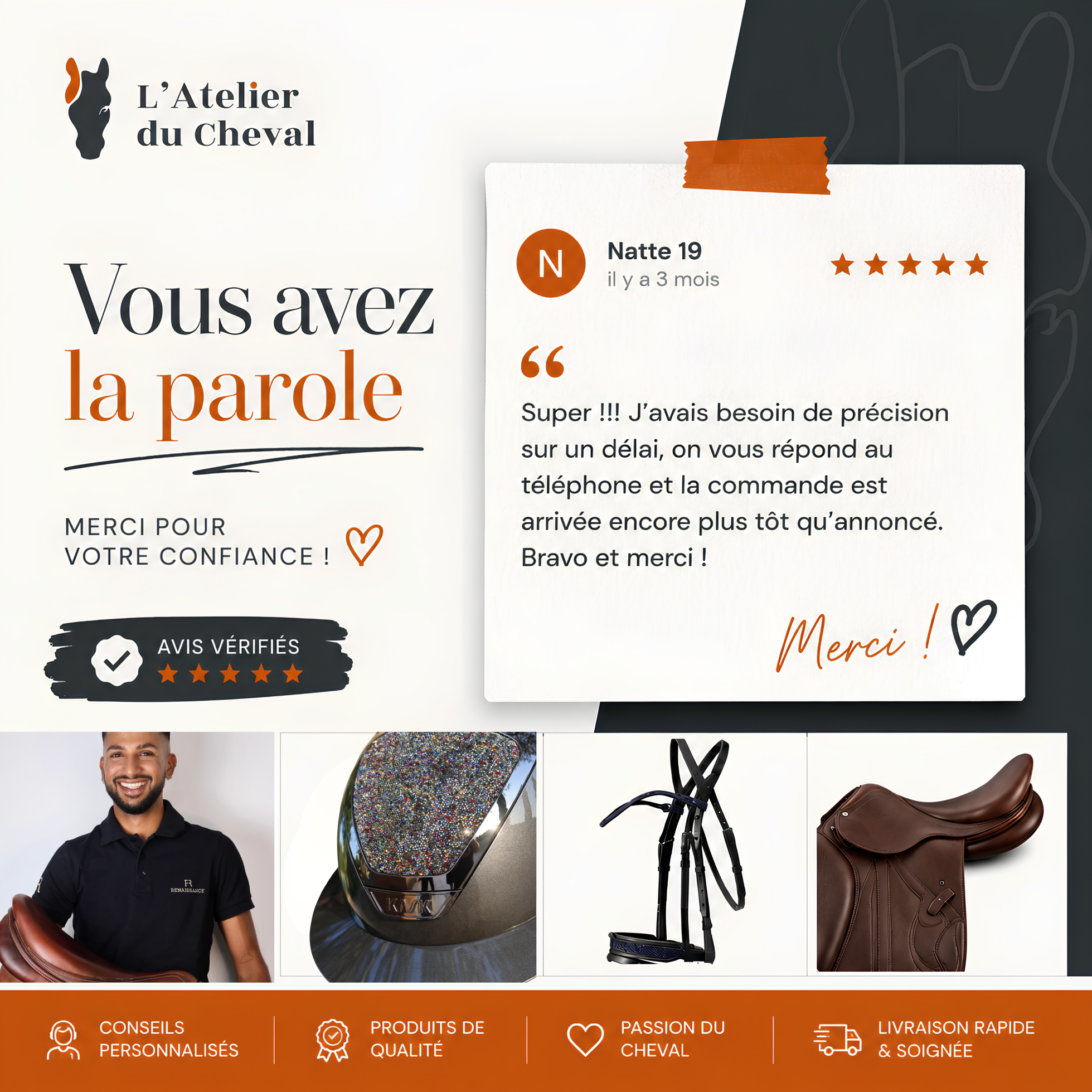 Sellerie L'Atelier du Cheval Facebook ad: À vos côtés, à cheval, au quotidien