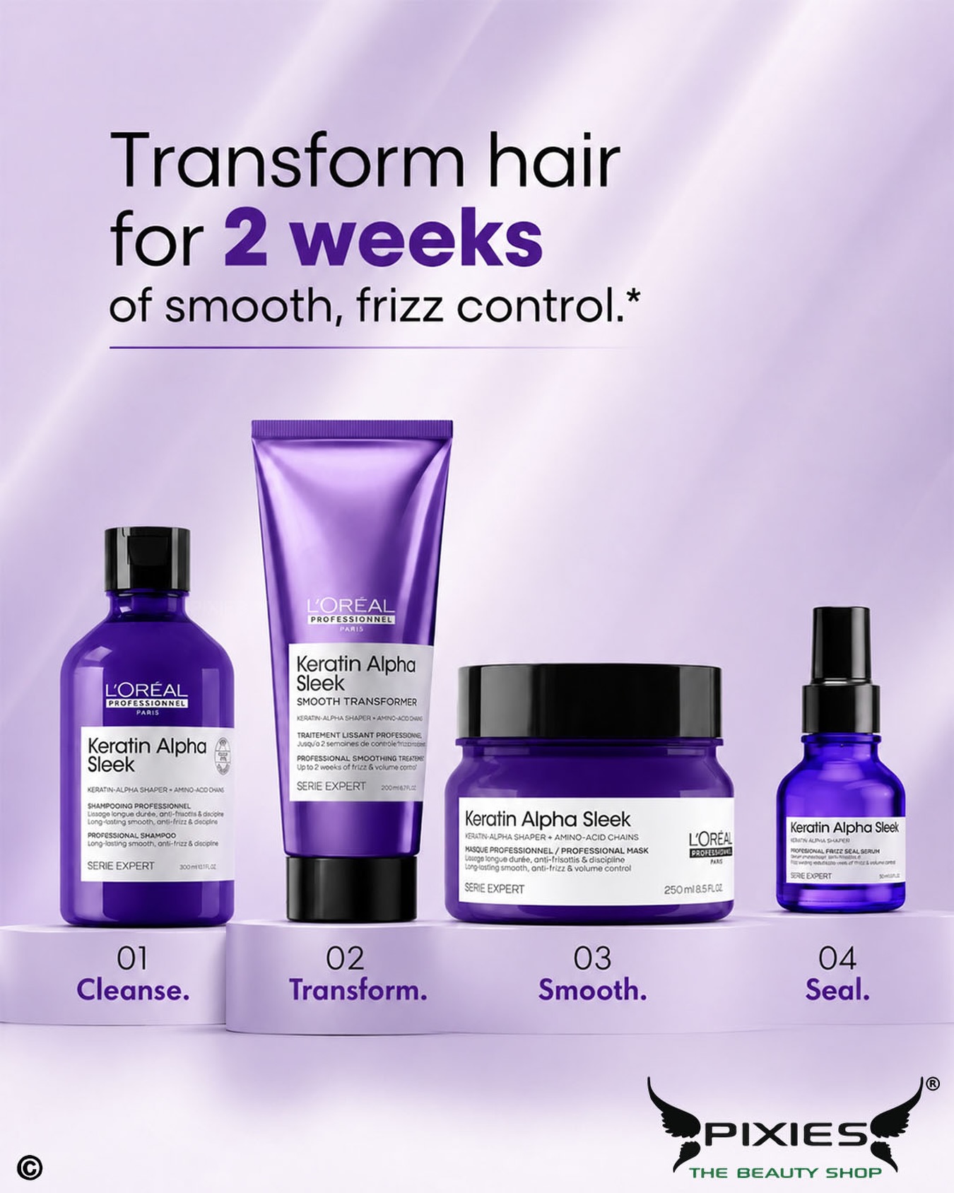 pixiesbeautyshop Facebook ad: Smooth hair. Less frizz.