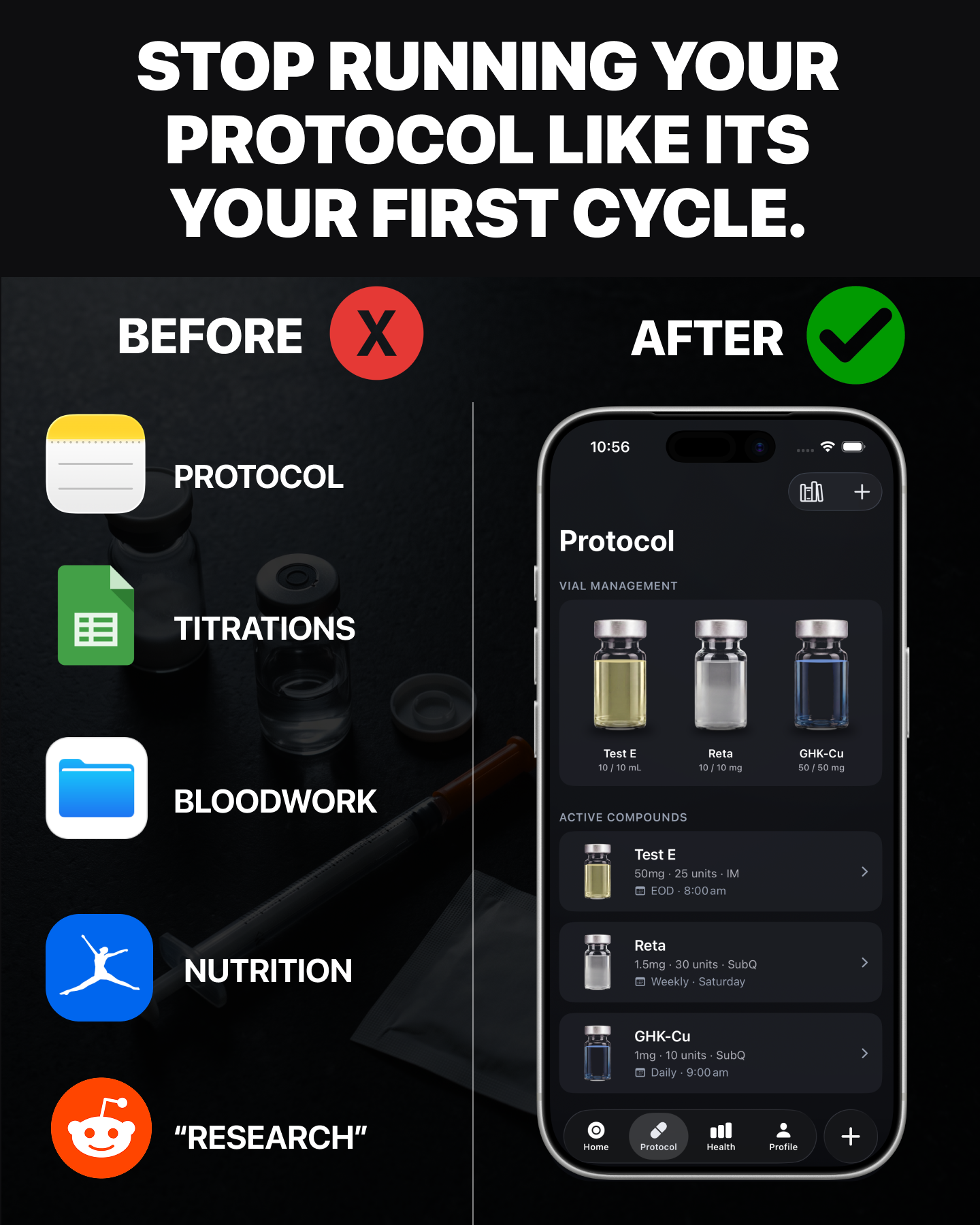 Milligram - Peptide Tracker Facebook ad: Your whole protocol in one app.