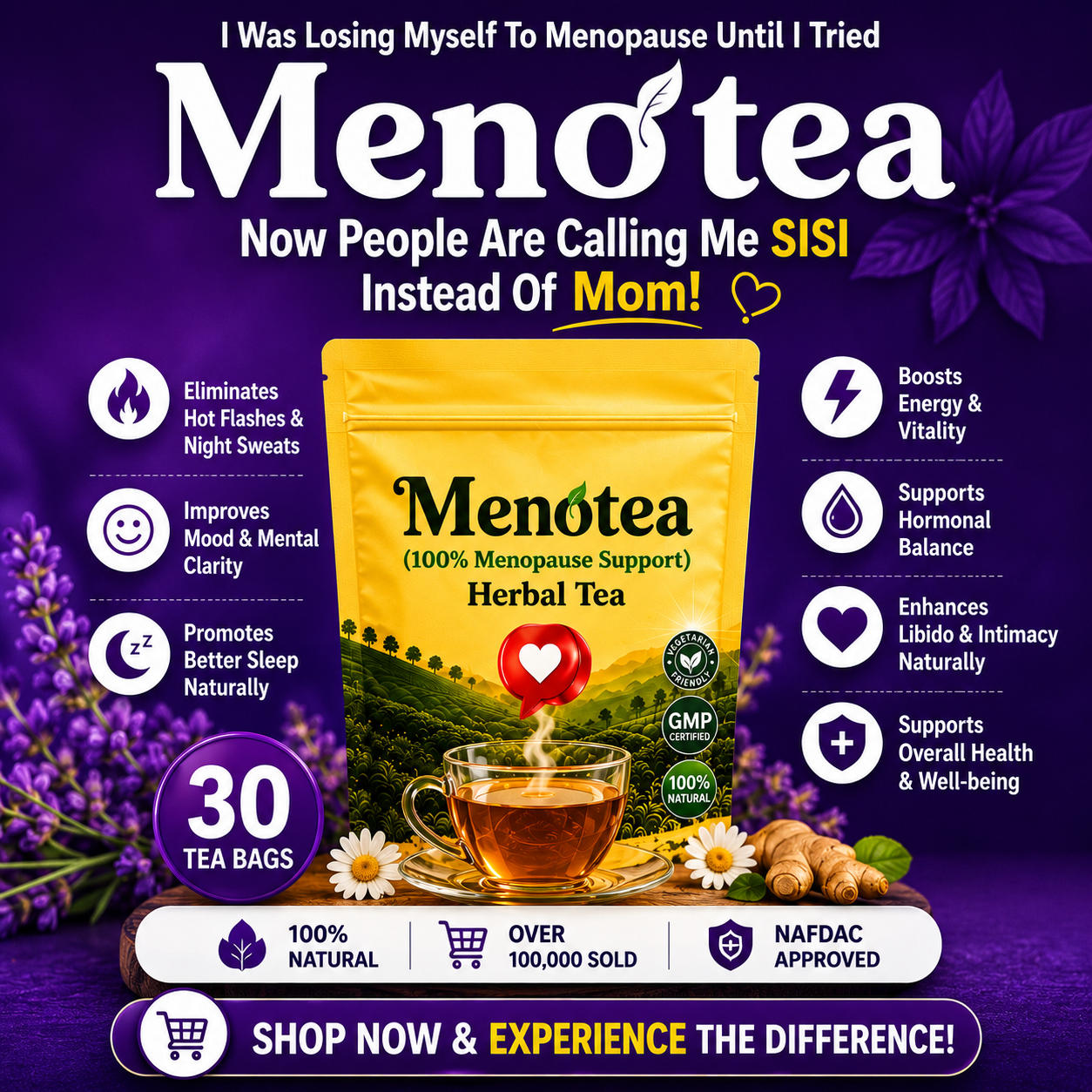 Menopause tea Facebook ad: GET 30% OFF + FREE DELIVERY