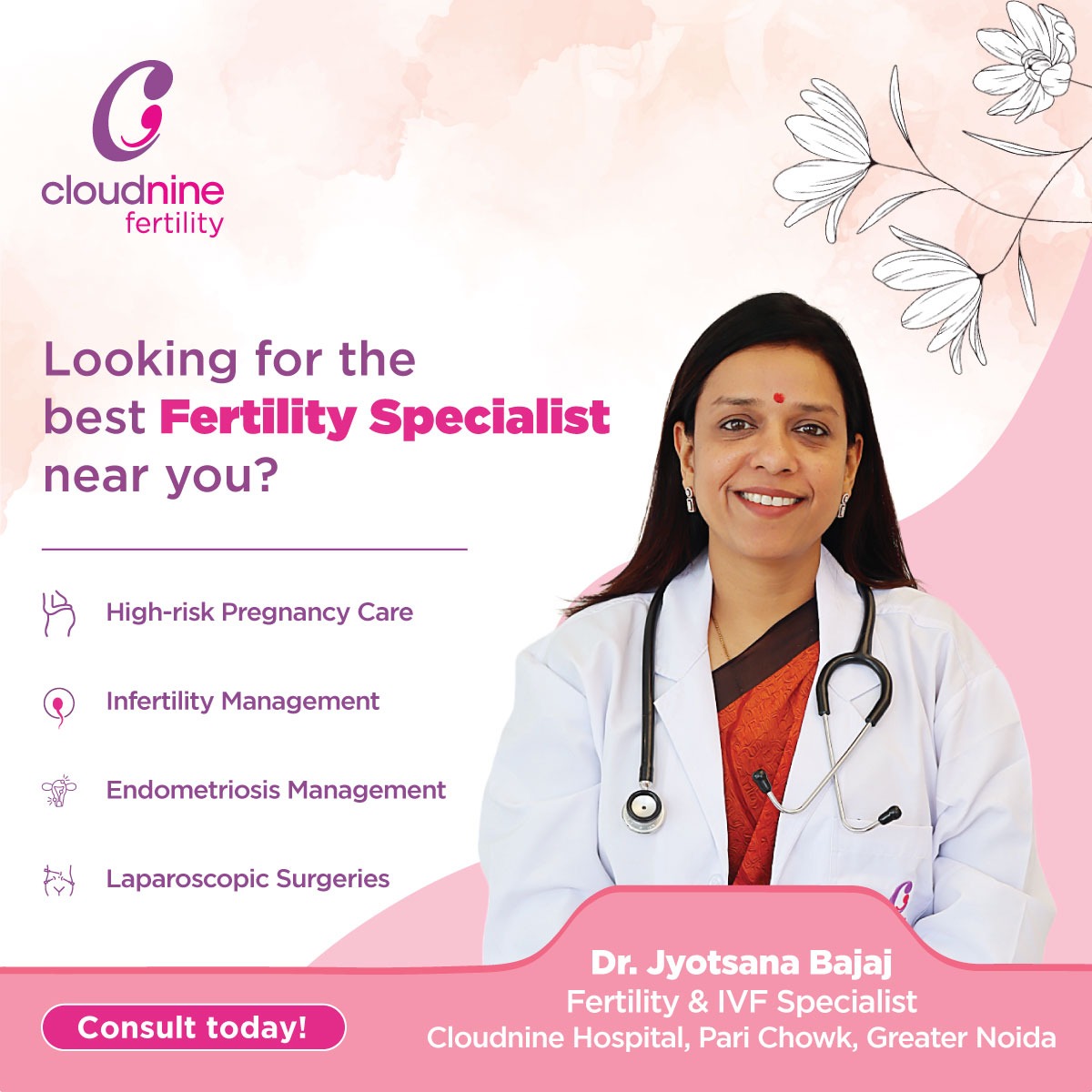 Cloudnine Fertility Pari Chowk, Noida Facebook ad: Book a Consultation with Dr. Jyotsana Bajaj Today