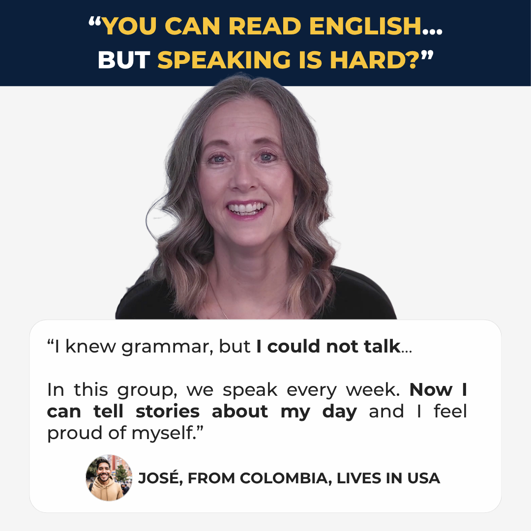 Calm English Conversation Club Facebook ad: You can read English… but speaking is hard?