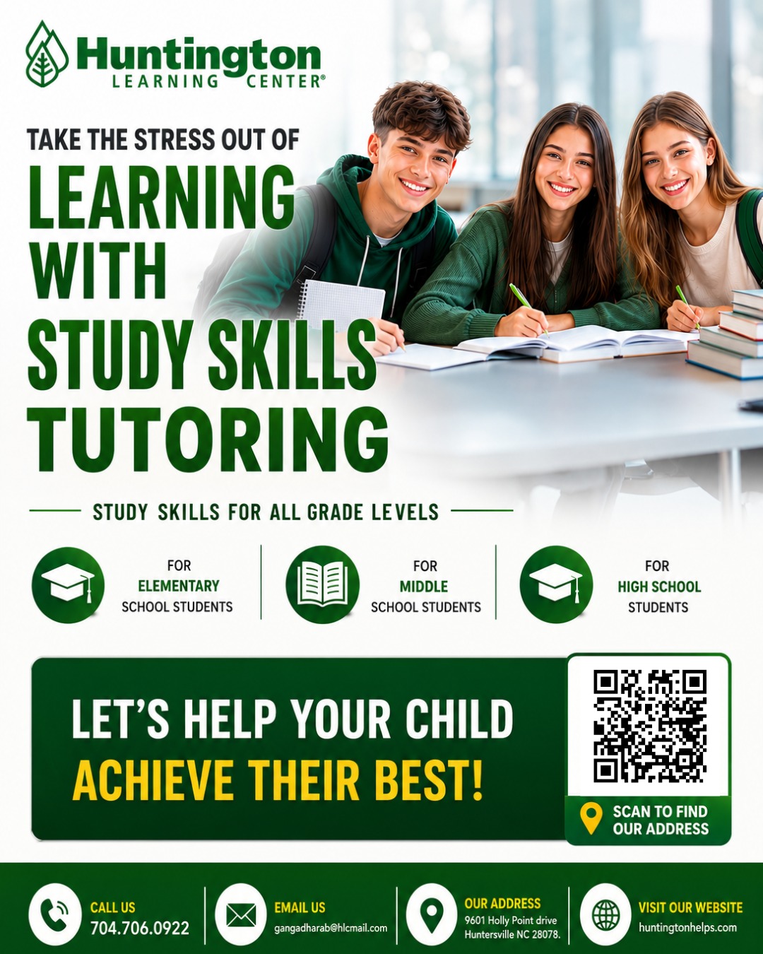Huntington Learning Center Facebook ad: Is studying becoming stressful for your child?