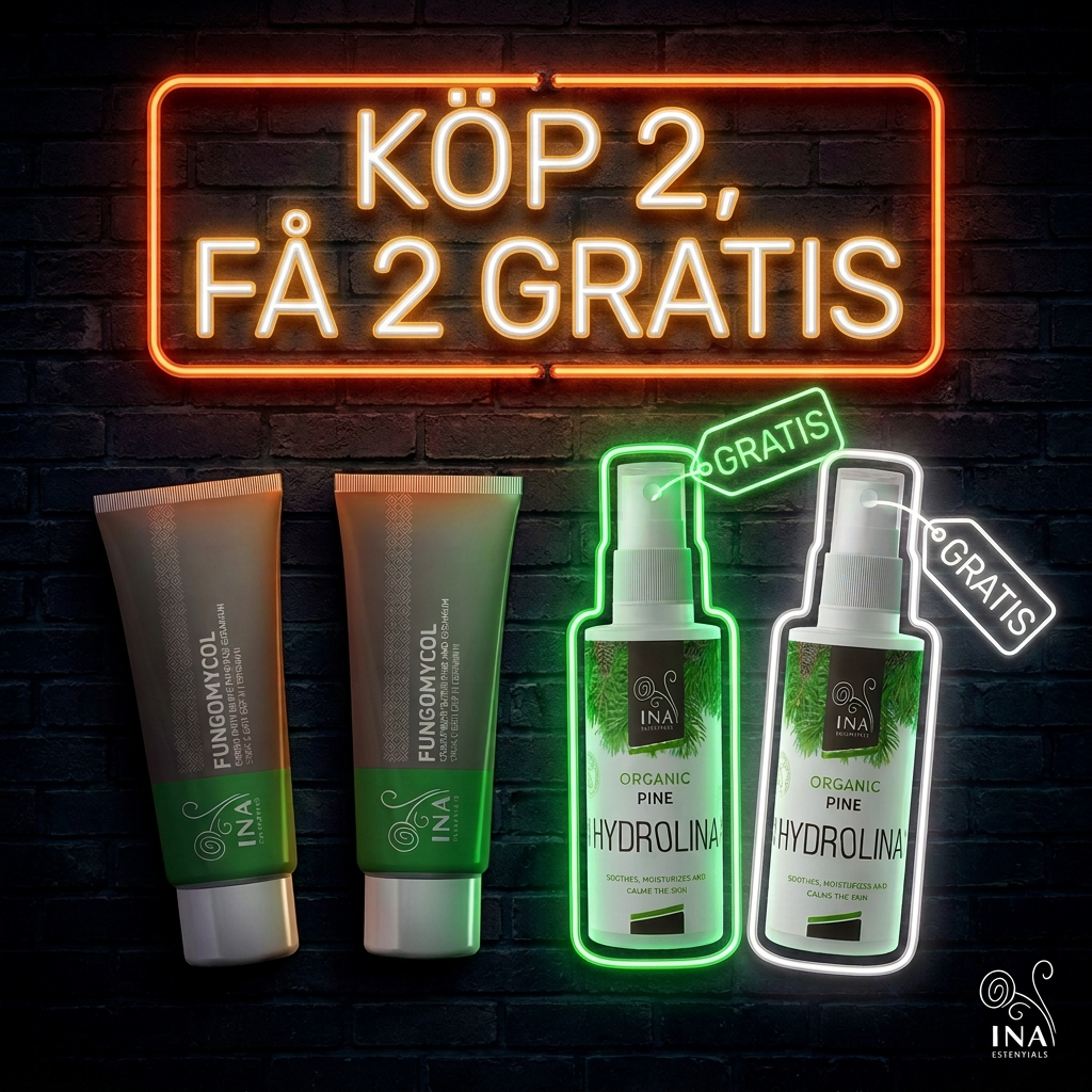 InaEssentials - Webbutik för 100% ekologisk BIO-kosmetika Facebook ad: Köp 2 Fungomycol, få 2 Hydrolina på köpet