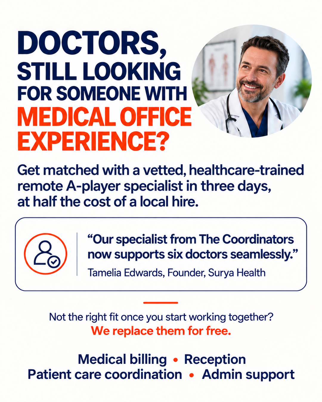 The Coordinators Facebook ad: Pre-vetted remote healthcare staff. Your EMR. Your…