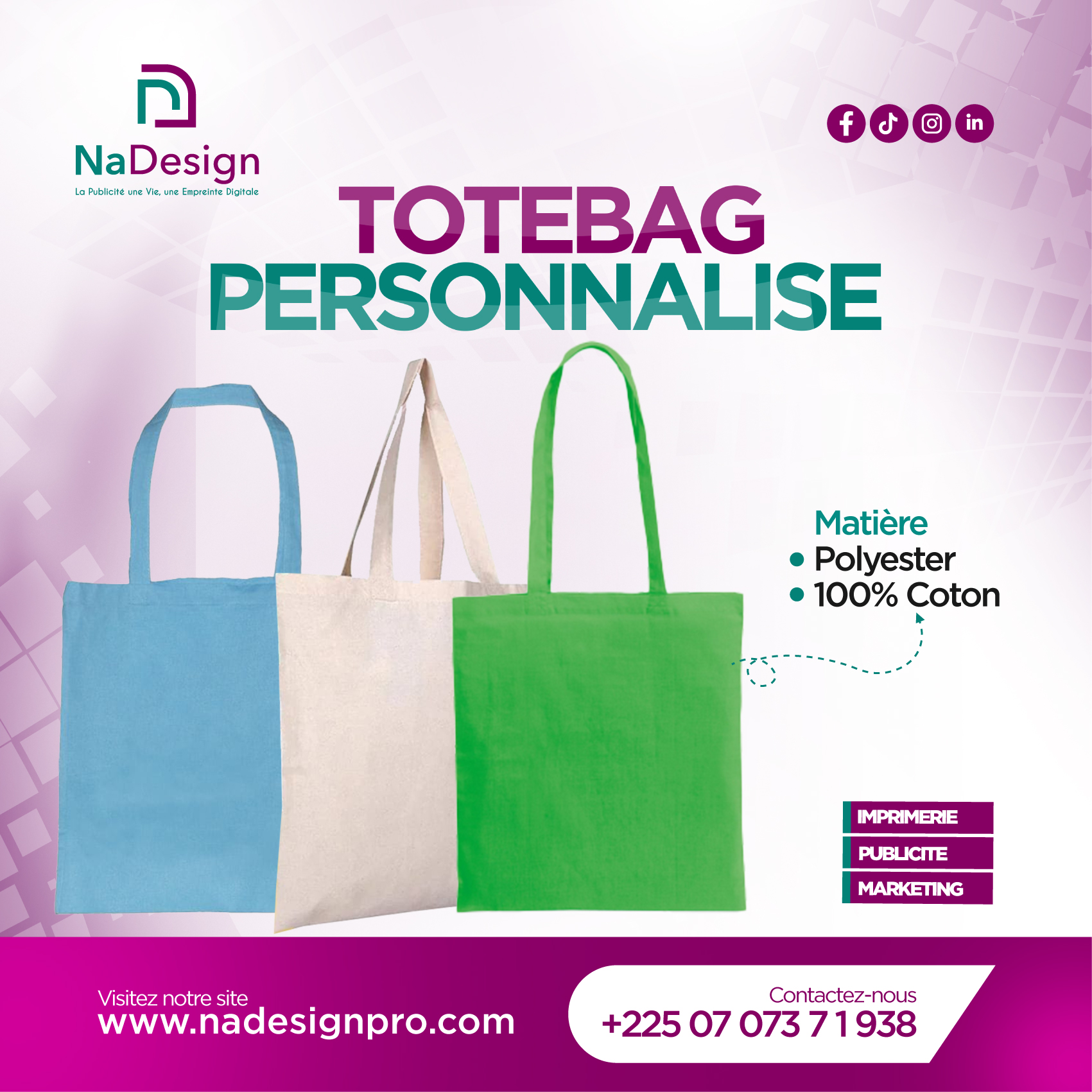 Nadesignpro Facebook ad: Commande à partir de 10 Totebags
