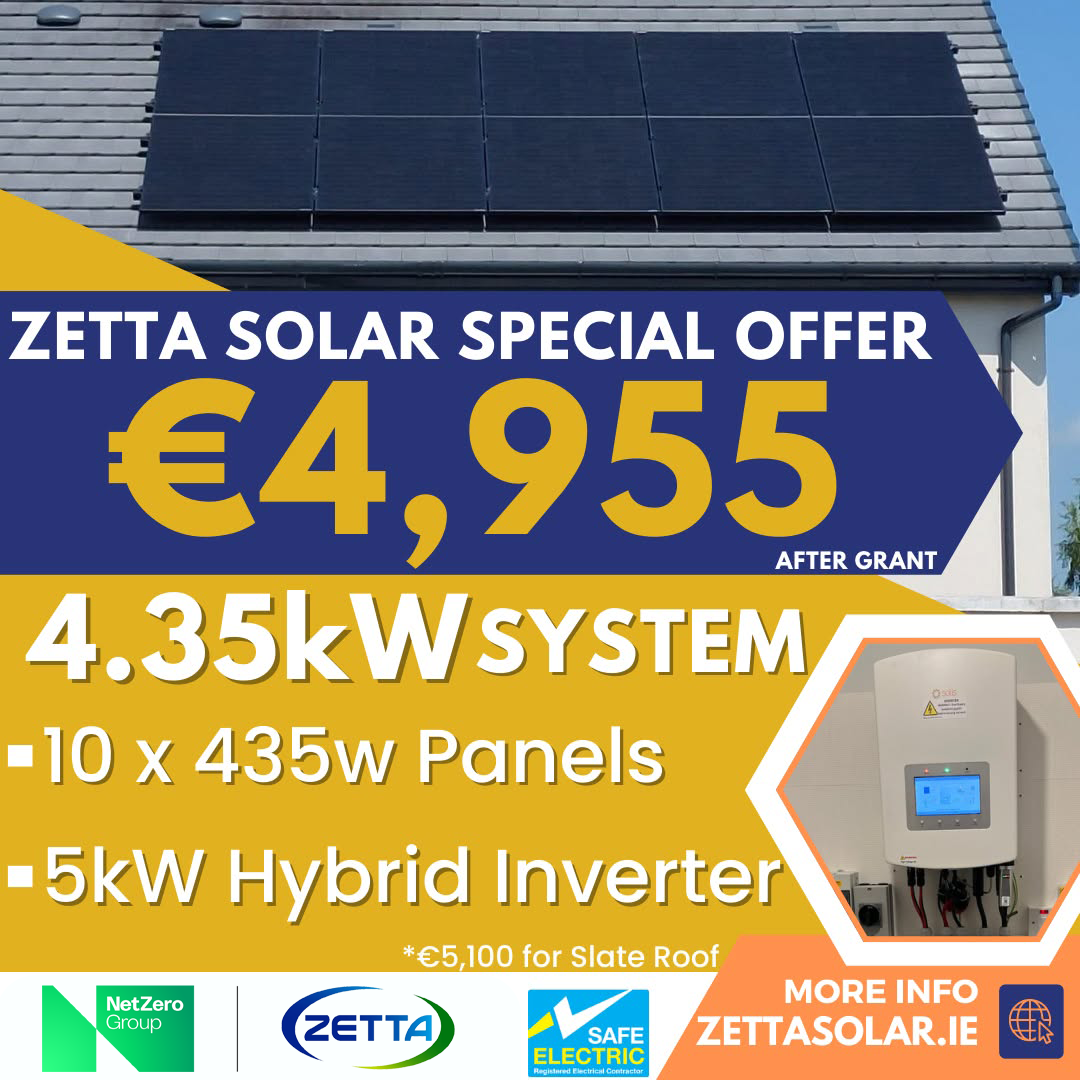 Zetta Home Services Facebook ad: For only €4,955, Get Our Premium 10 Panel 4.35kW Package