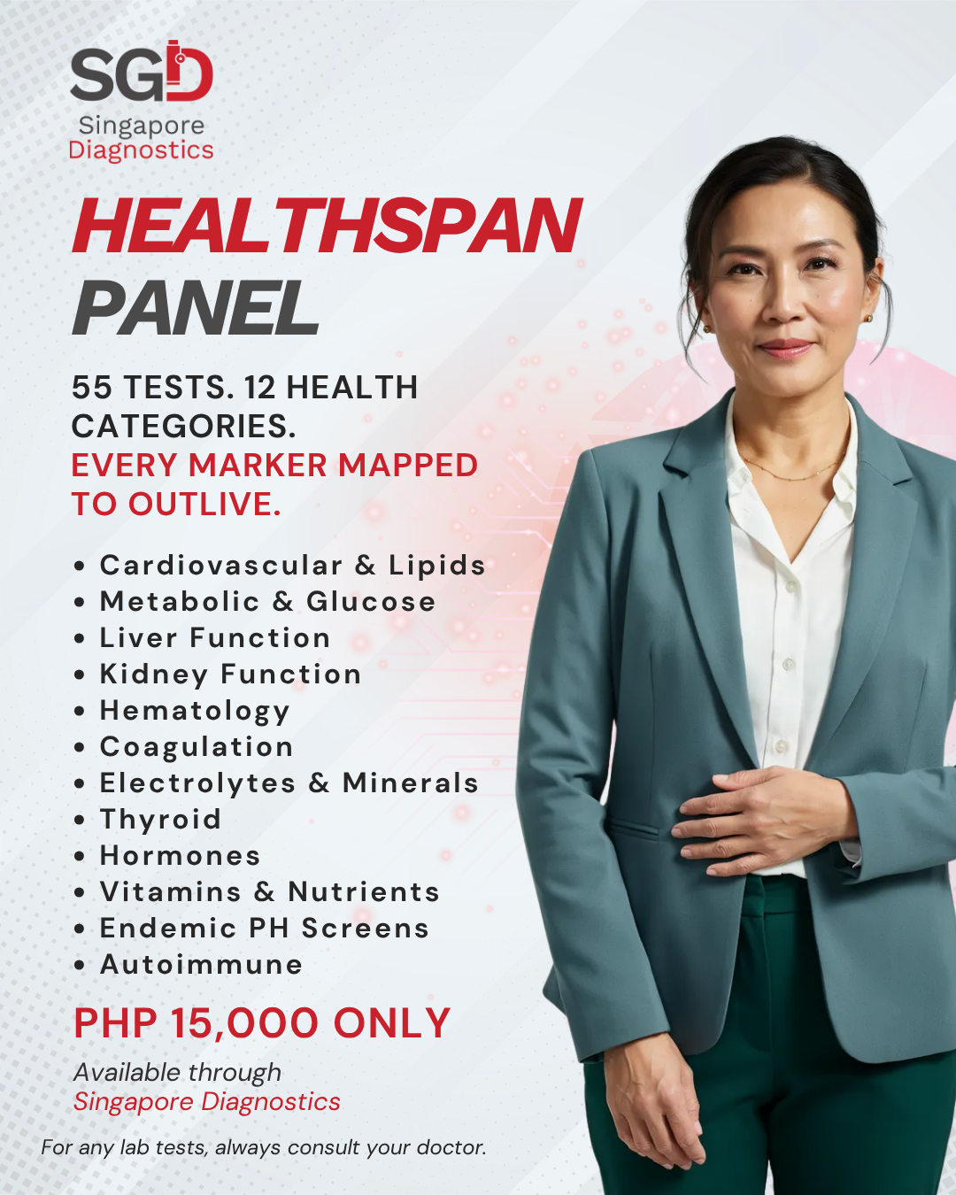 Singapore Diagnostics - Marikina Facebook ad: 55 Tests for a Longer, Healthier Life.