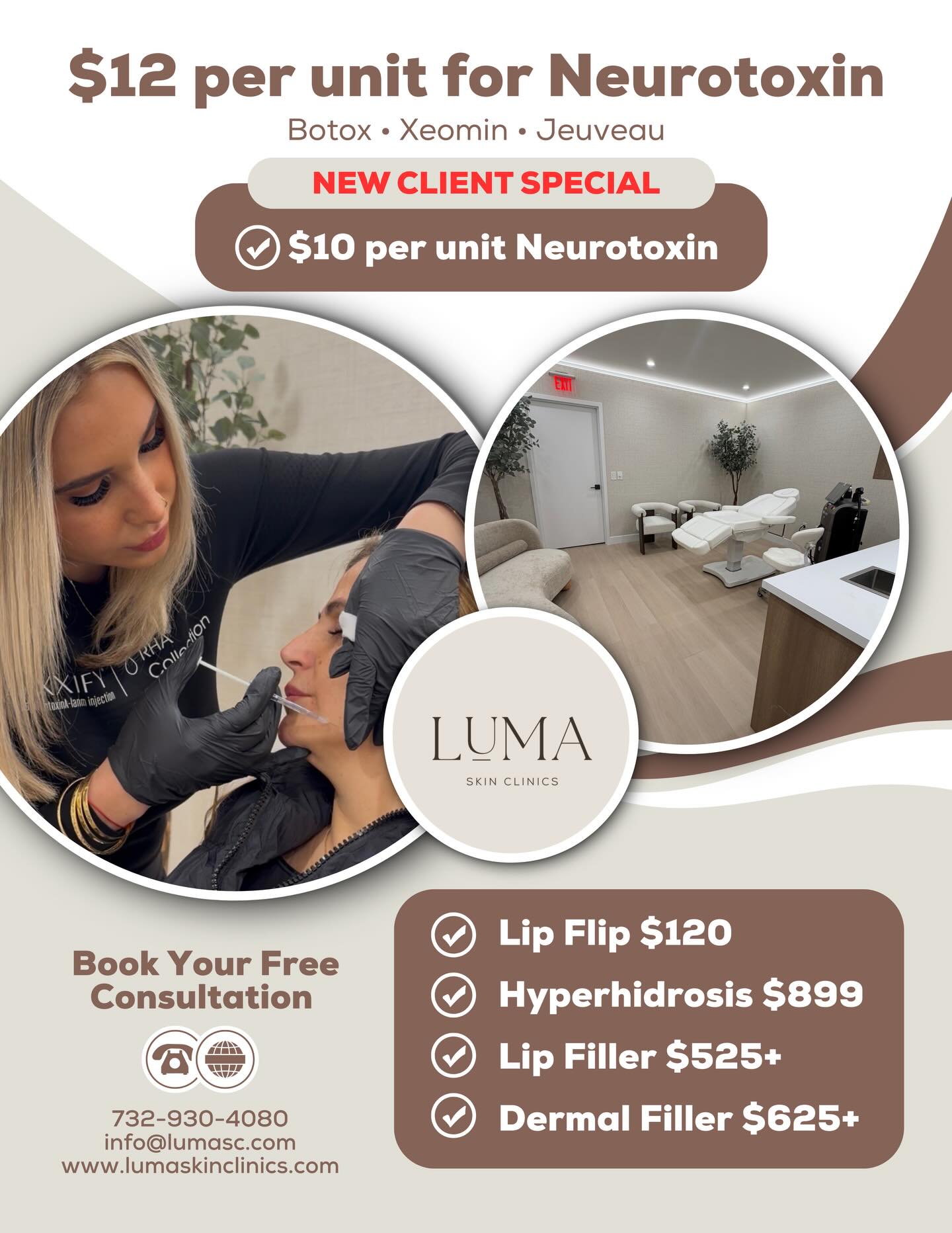 Luma Skin Clinics Facebook ad: Enjoy $10 per unit neurotoxin for first-time clients…