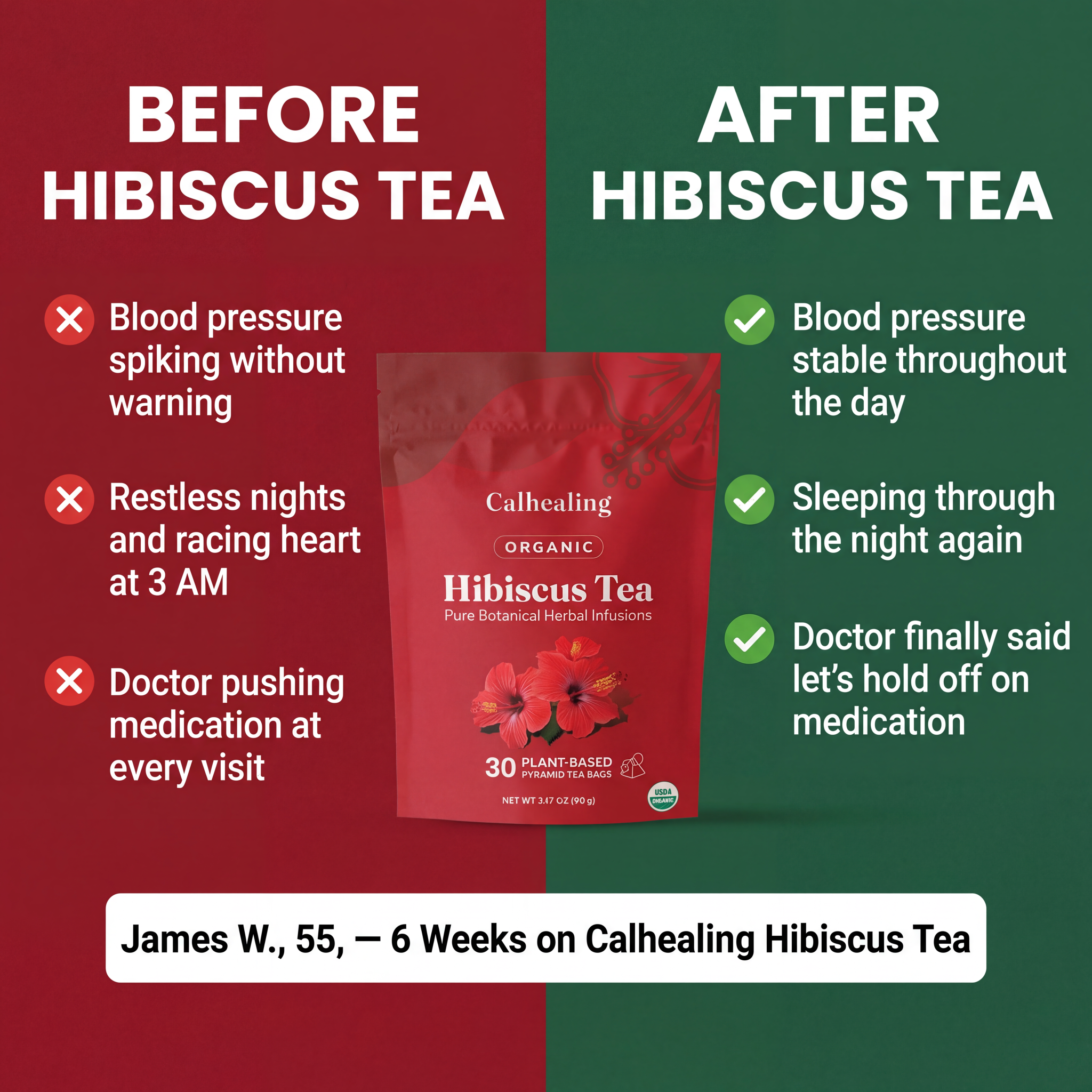Calhealing Facebook ad: Before Hibiscus Tea: Morning Headaches, High Numbers…