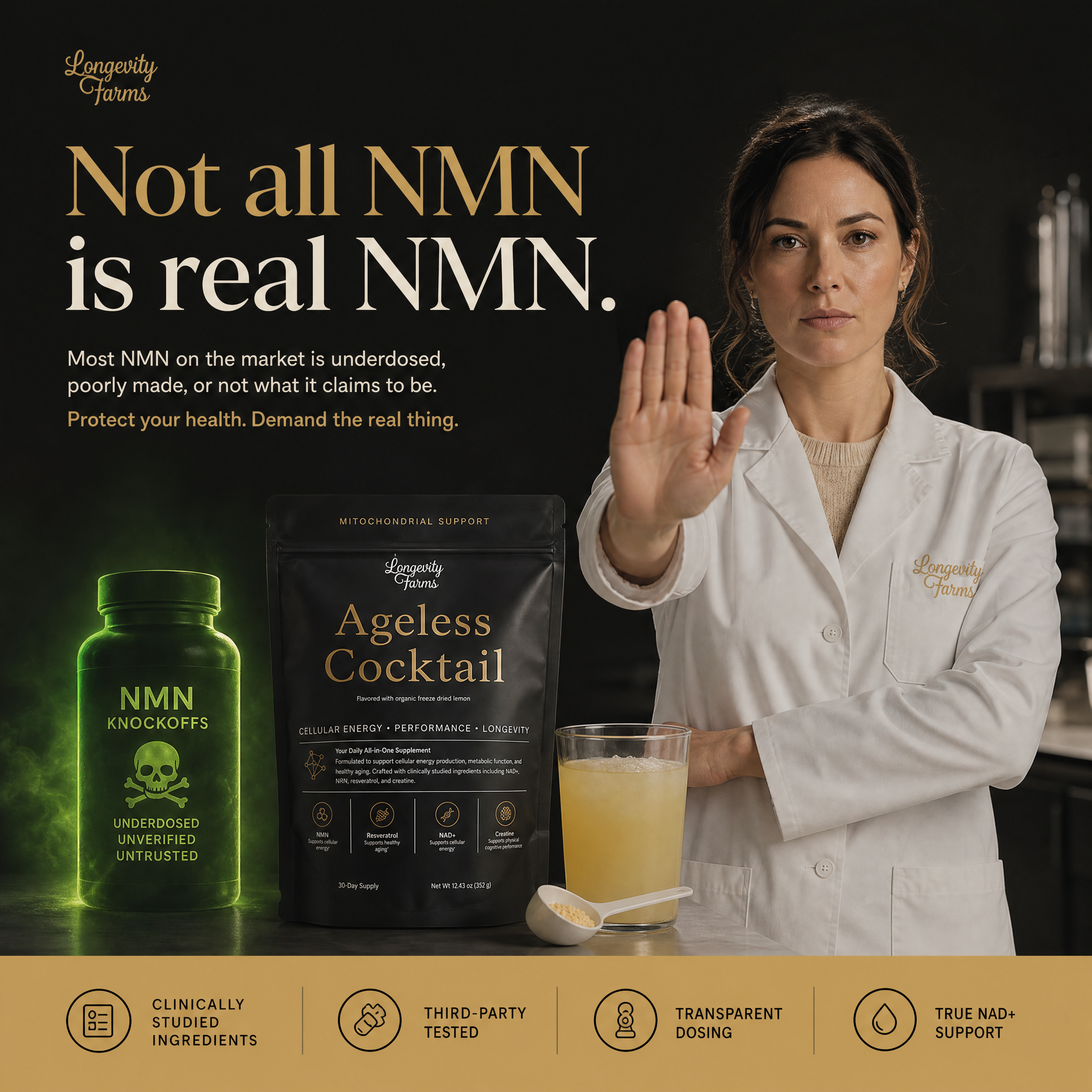 Longevity Farms Facebook ad: Not All NMN Is Real NMN