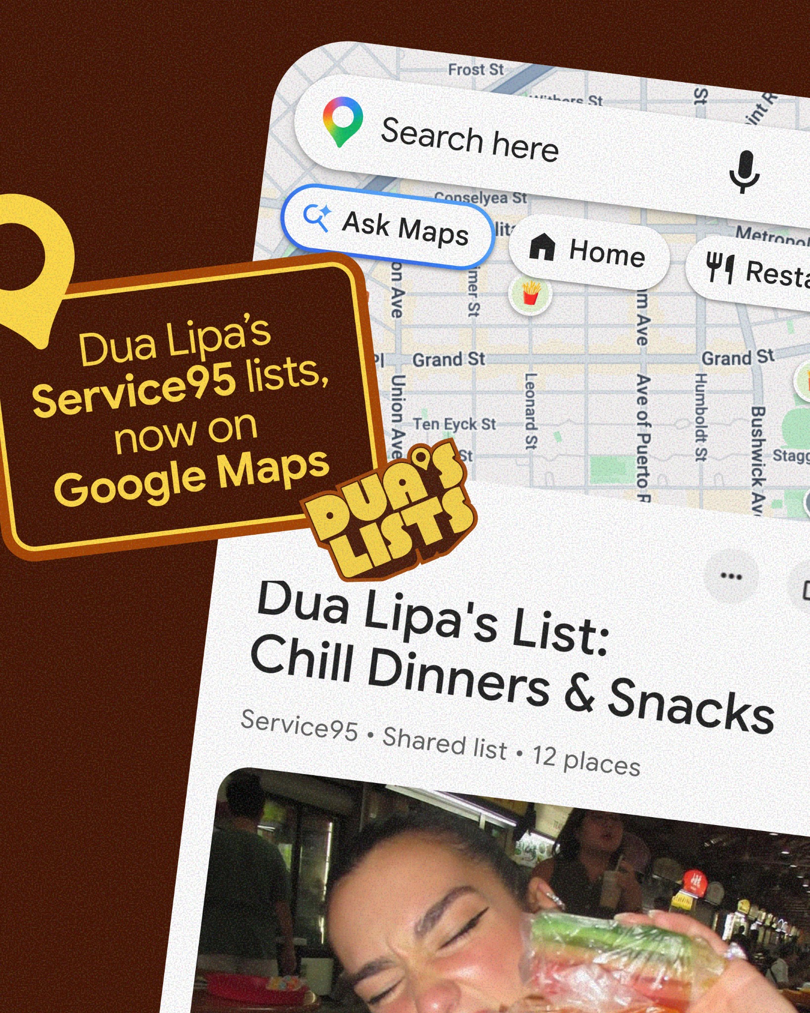 Google Maps Facebook ad: Dua Lipa's go-to spots, now on Google Maps.