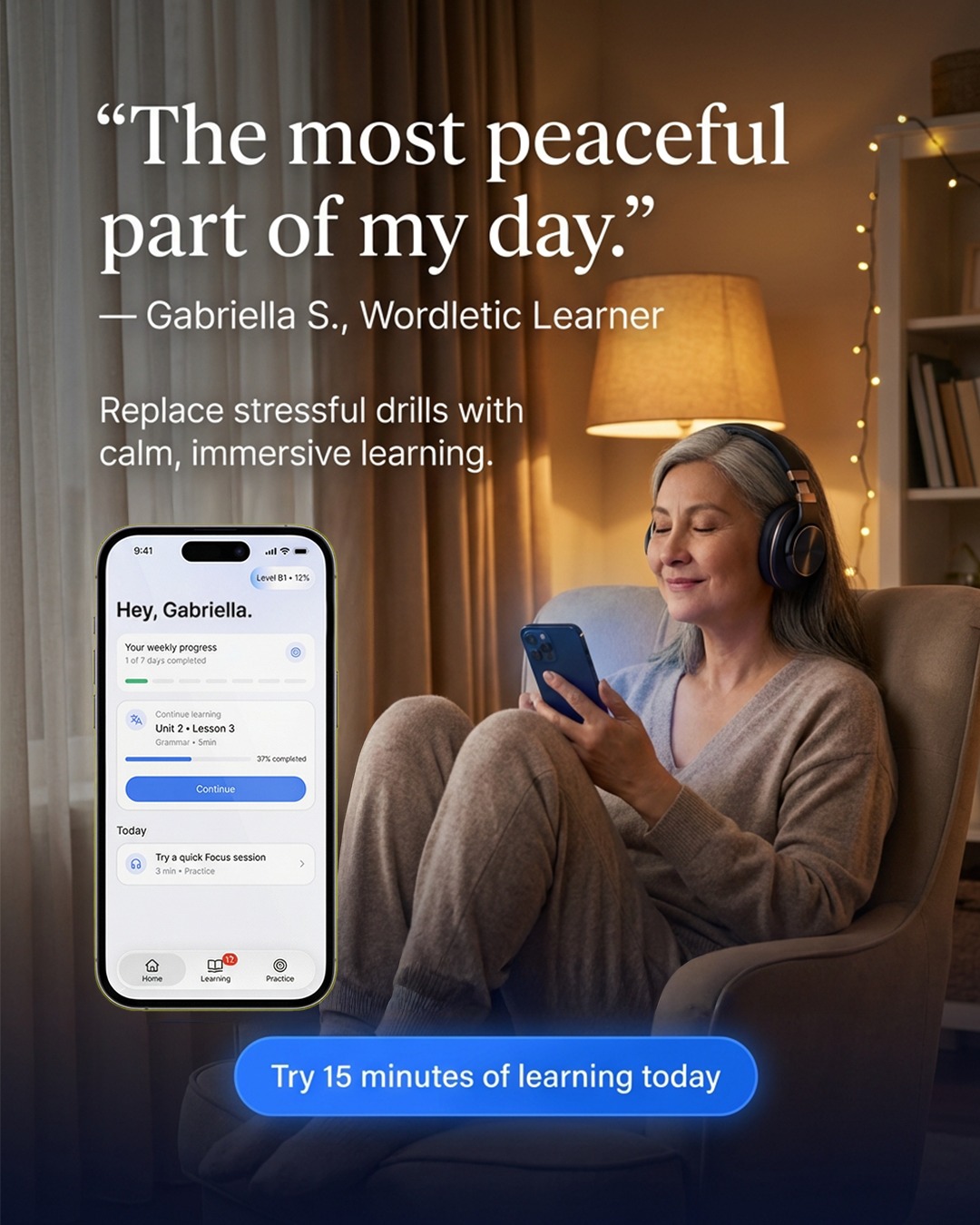 Wordletic Facebook ad: Hypnosis… for English learning?