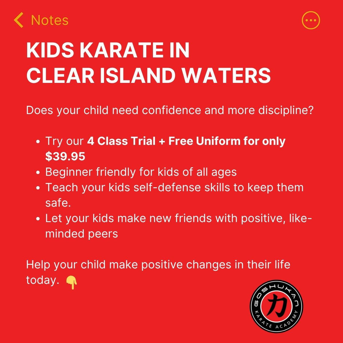 Goshukan Karate Academy Gold Coast Facebook ad