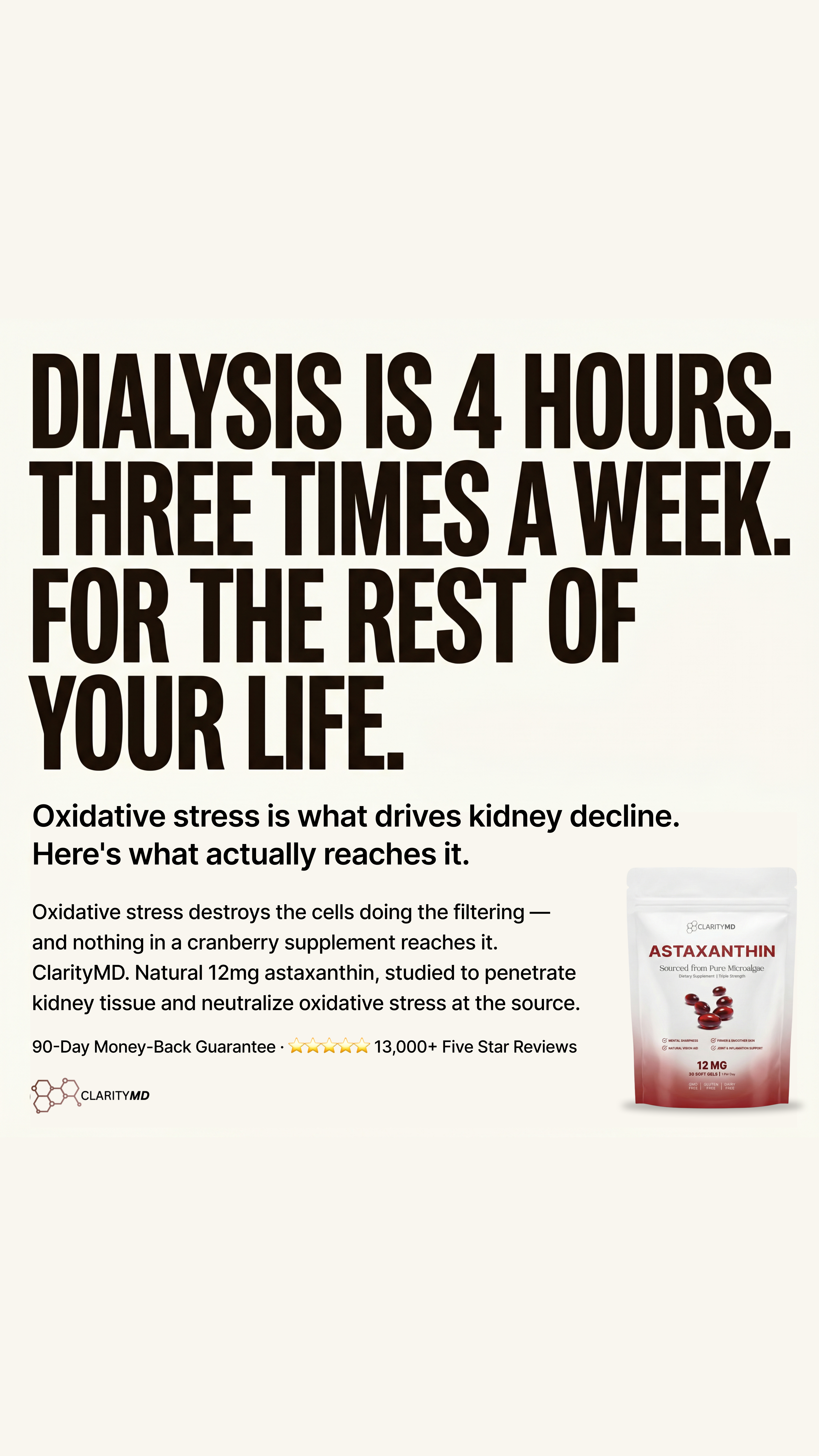 Kidney Care Hub Facebook ad: Clinically Dosed Astaxanthin, No Fillers, Just Results