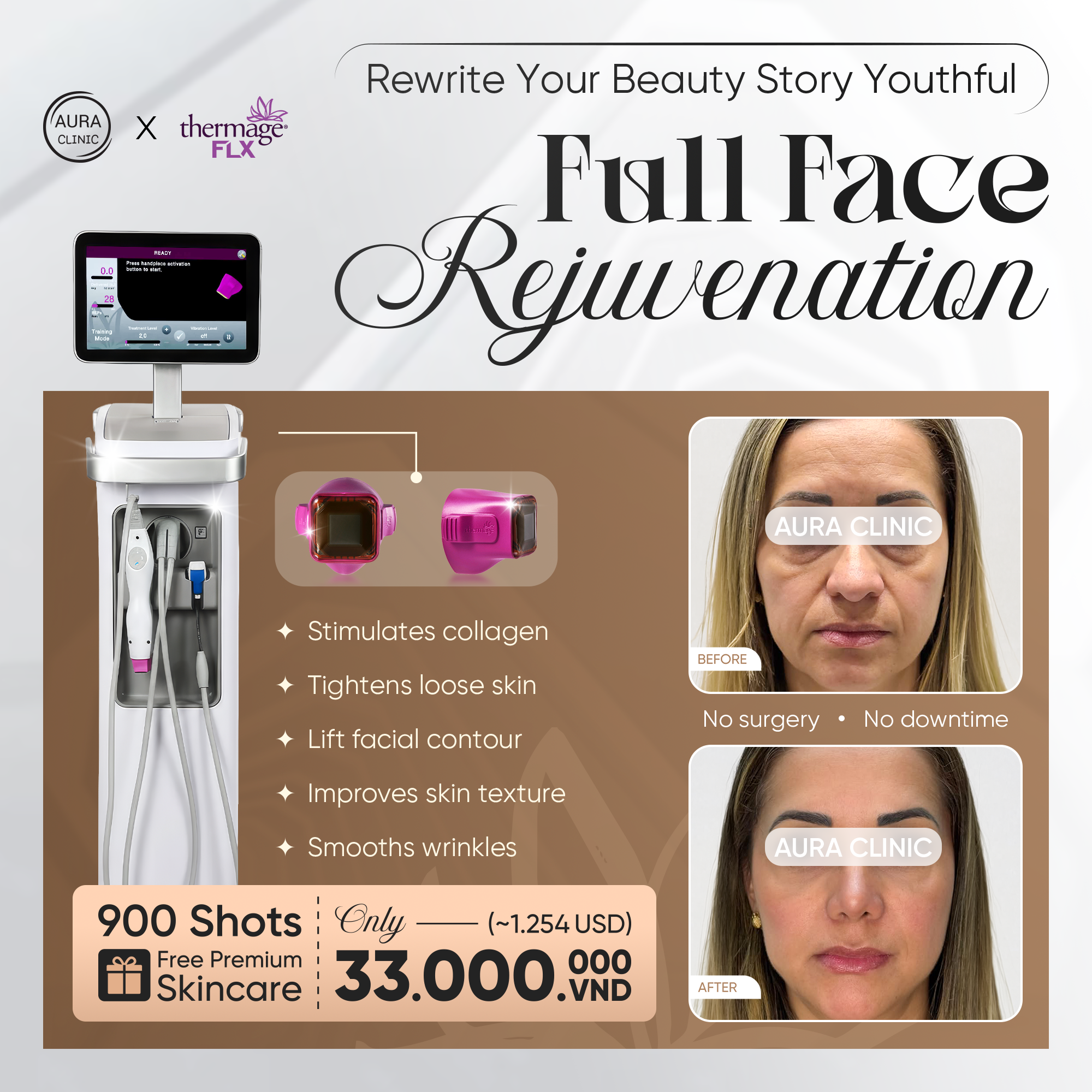 Aura Clinic Vietnam Facebook ad: Thermage FLX: Smooth • Tighten • Contour