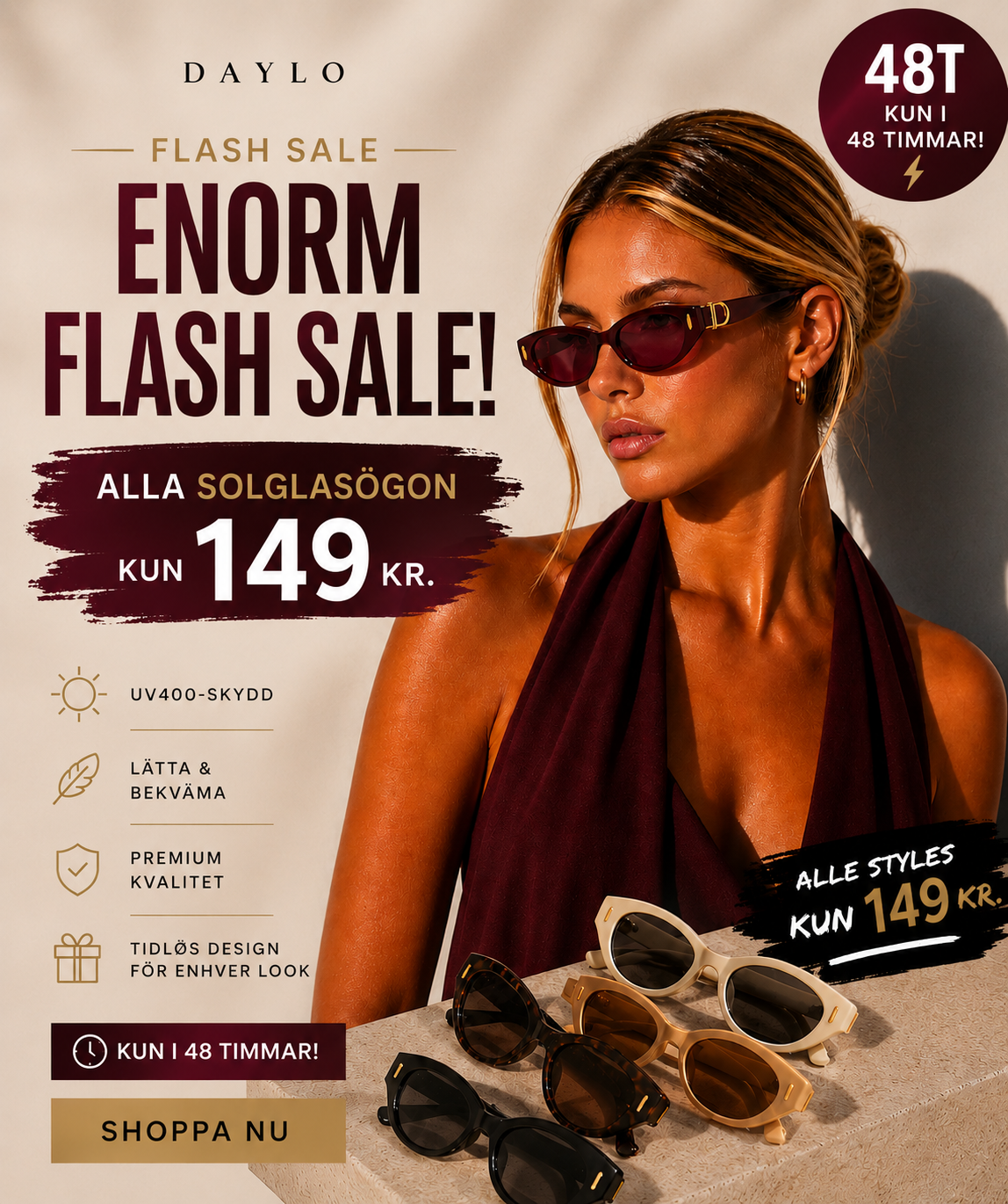 DAYLO Facebook ad: ALLA SOLGLASÖGON 149 KR, FLASH SALE