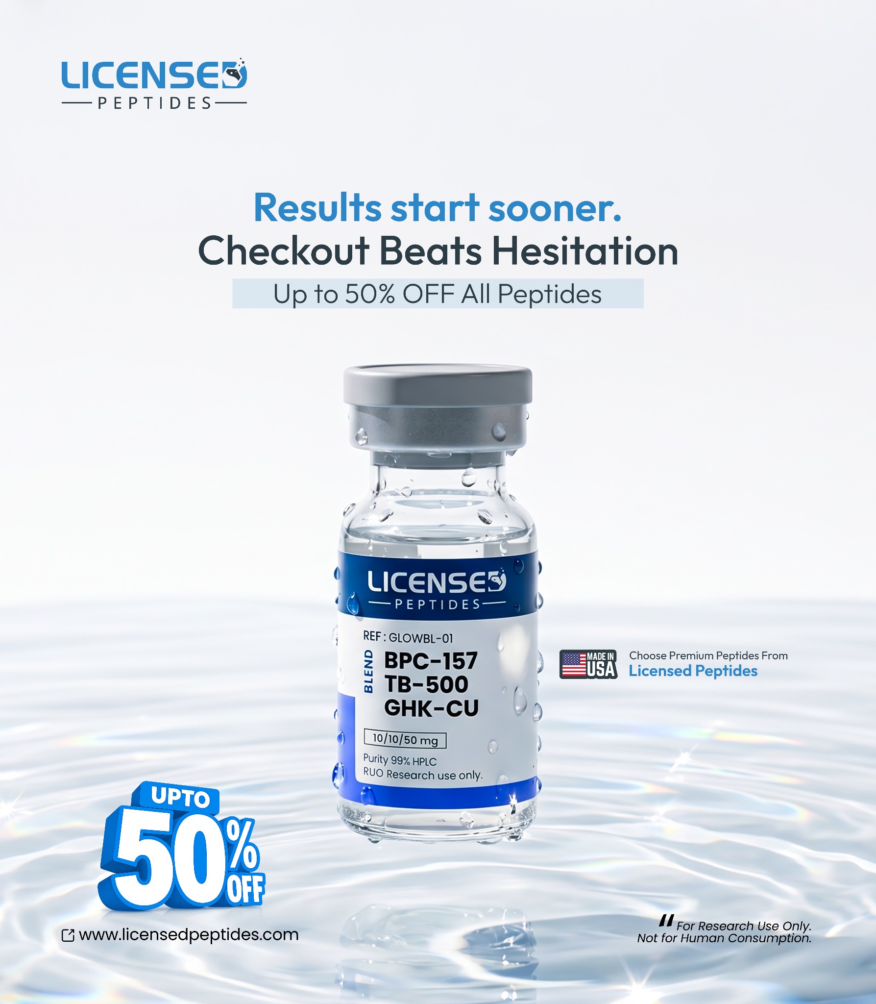 Licensed Peptides.com Facebook ad: Up To 50% OFF Sale Ends Soon