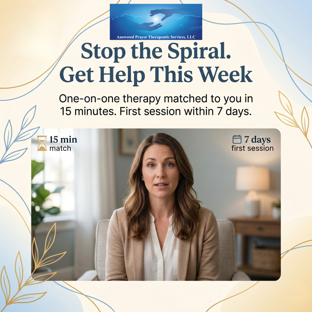 Answered Prayers Therapy Facebook ad: Real Therapist. Real Fast. No App.