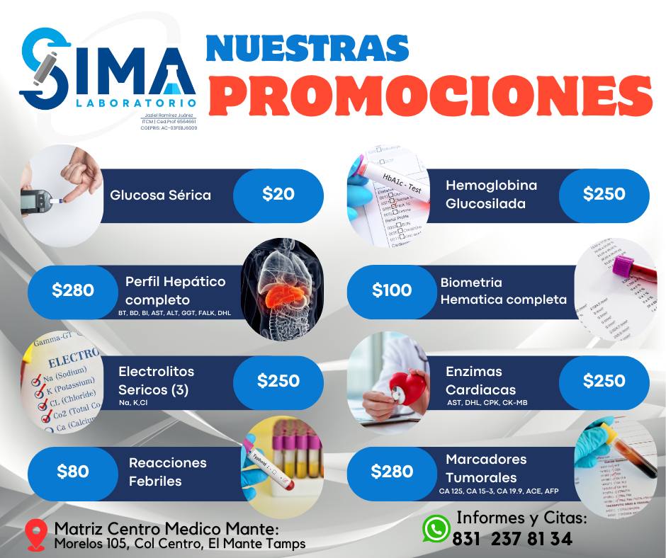 Laboratorio de Análisis Clínicos SIMA Facebook ad: Nuestras promociones continúan.