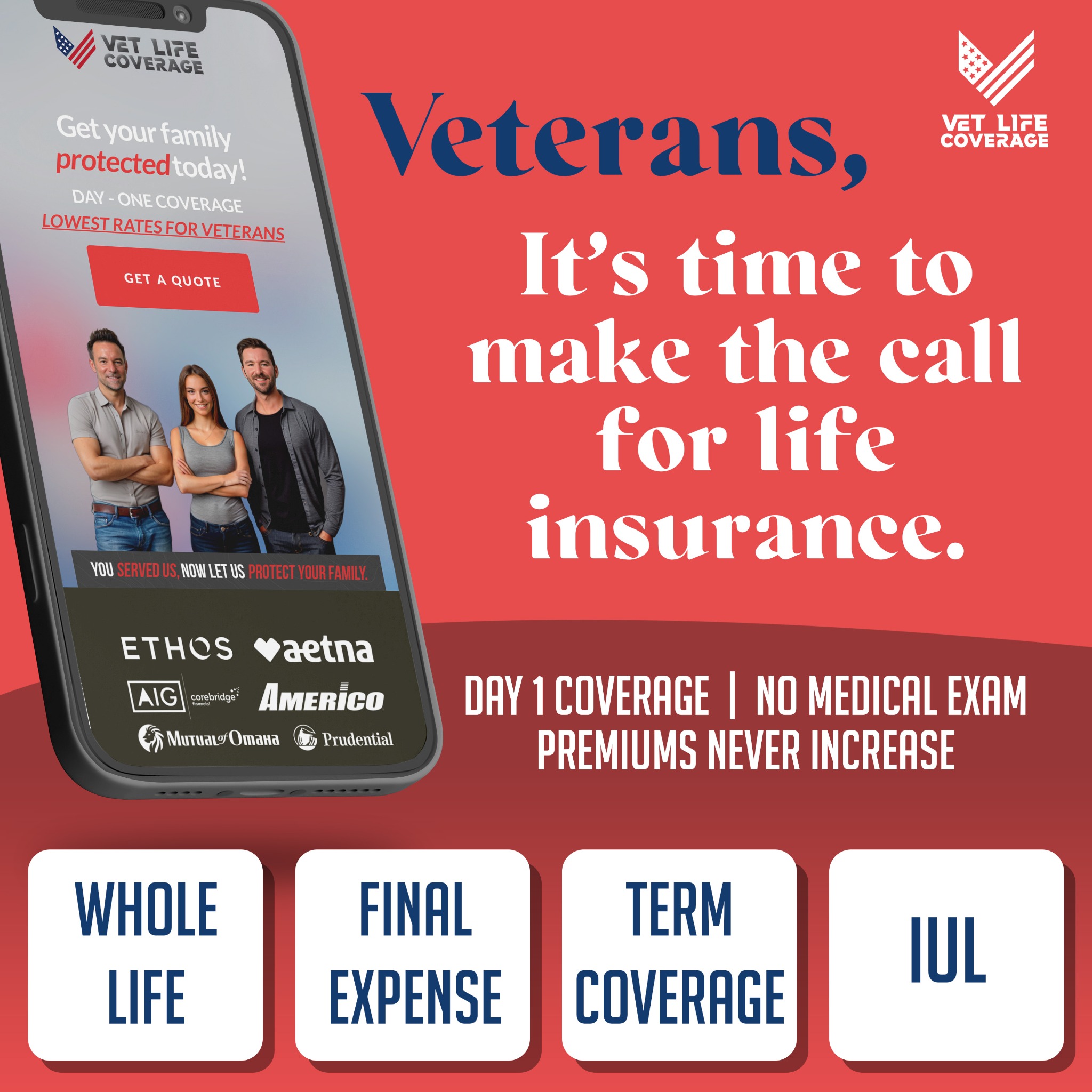 Vet Life Coverage Facebook ad: Fast, Affordable Coverage