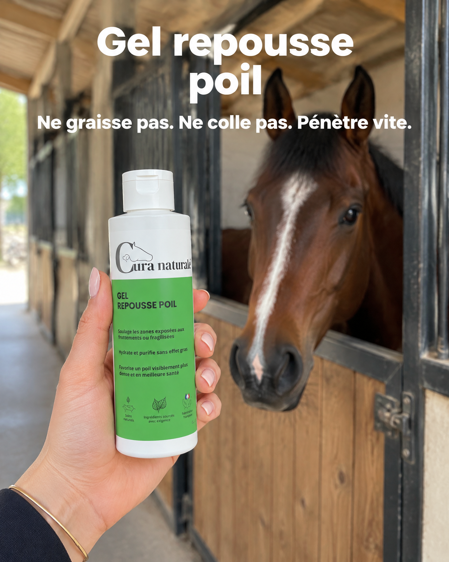 Cura naturale Facebook ad: Gel repousse poil pour cheval · Note 4,8/5