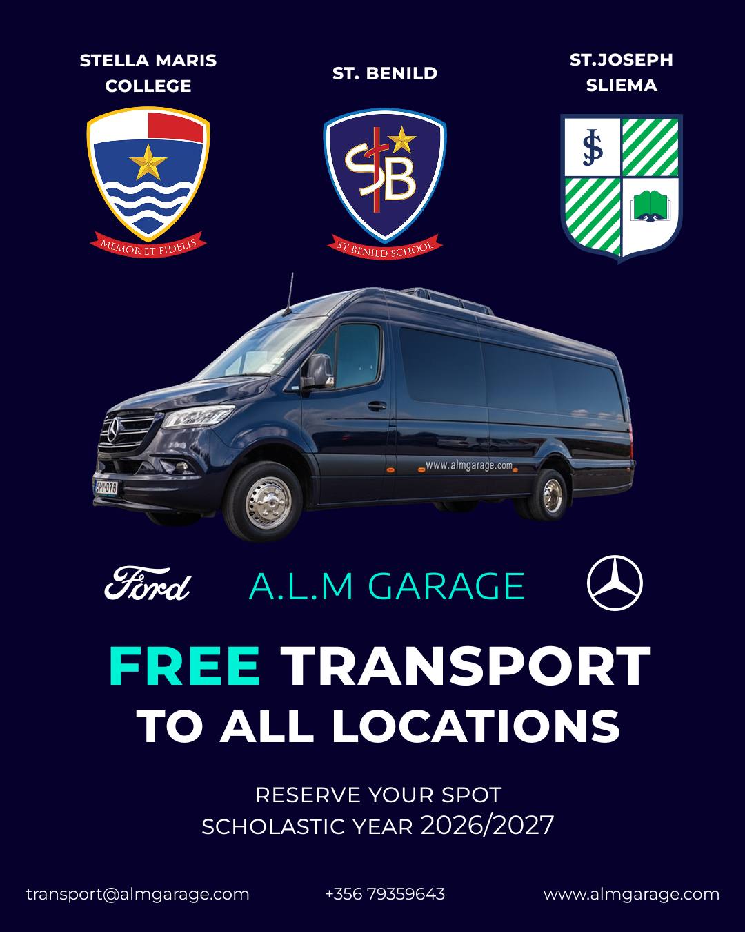 ALM Garage Facebook ad: Book Your FREE School Transport for the 2026/2027…