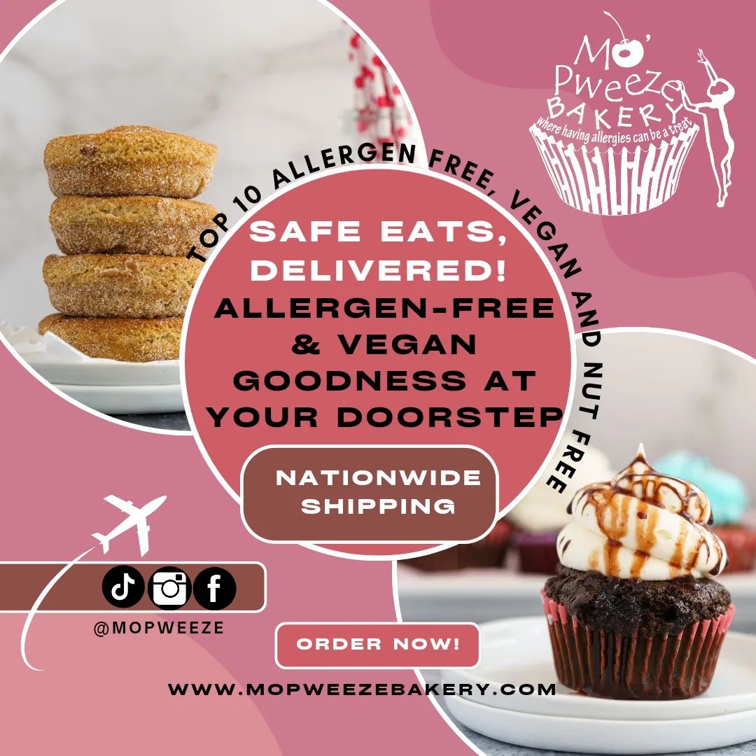 Mo'Pweeze Bakery Facebook ad: Always Top 10 Allergen free and Vegan!