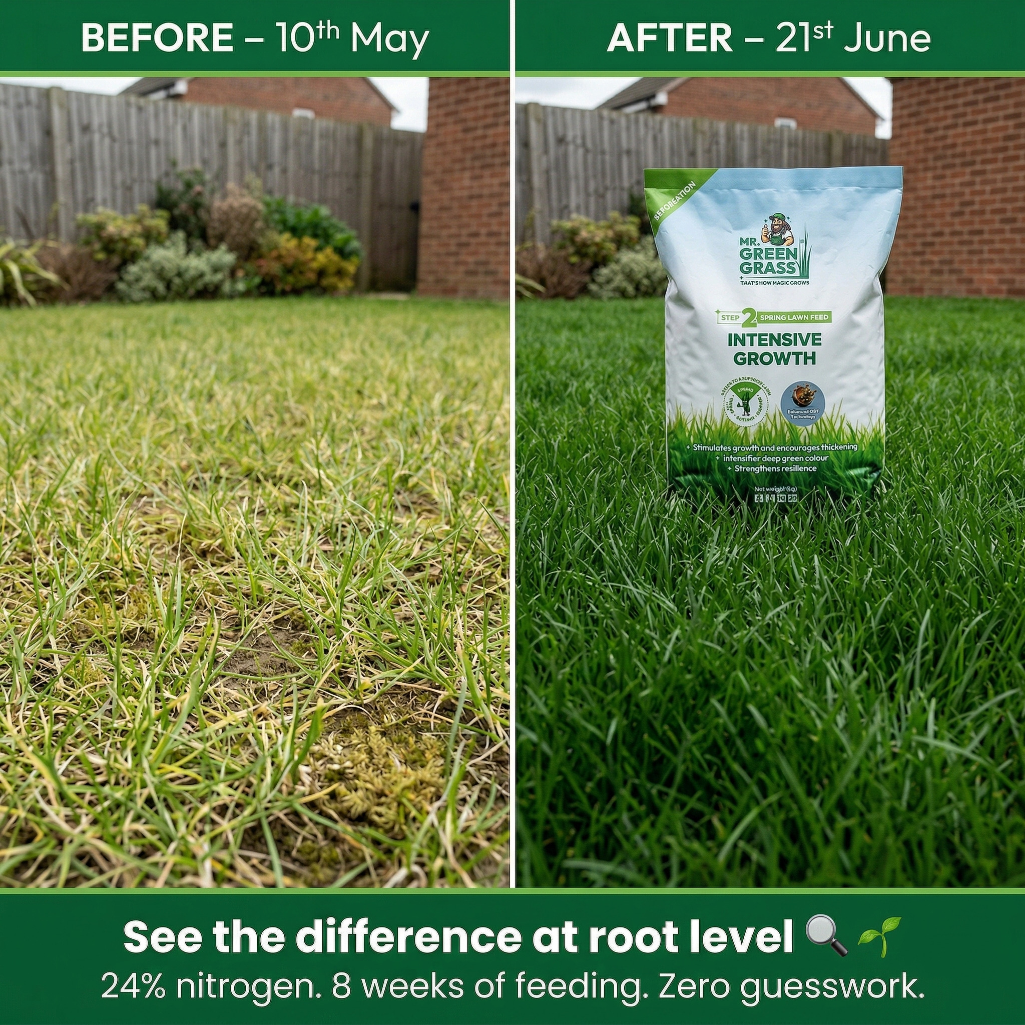 Mr. Green Grass - That’s how magic grows Facebook ad: Spring Lawn Feed, Intensive Growth, Mr. Green Grass
