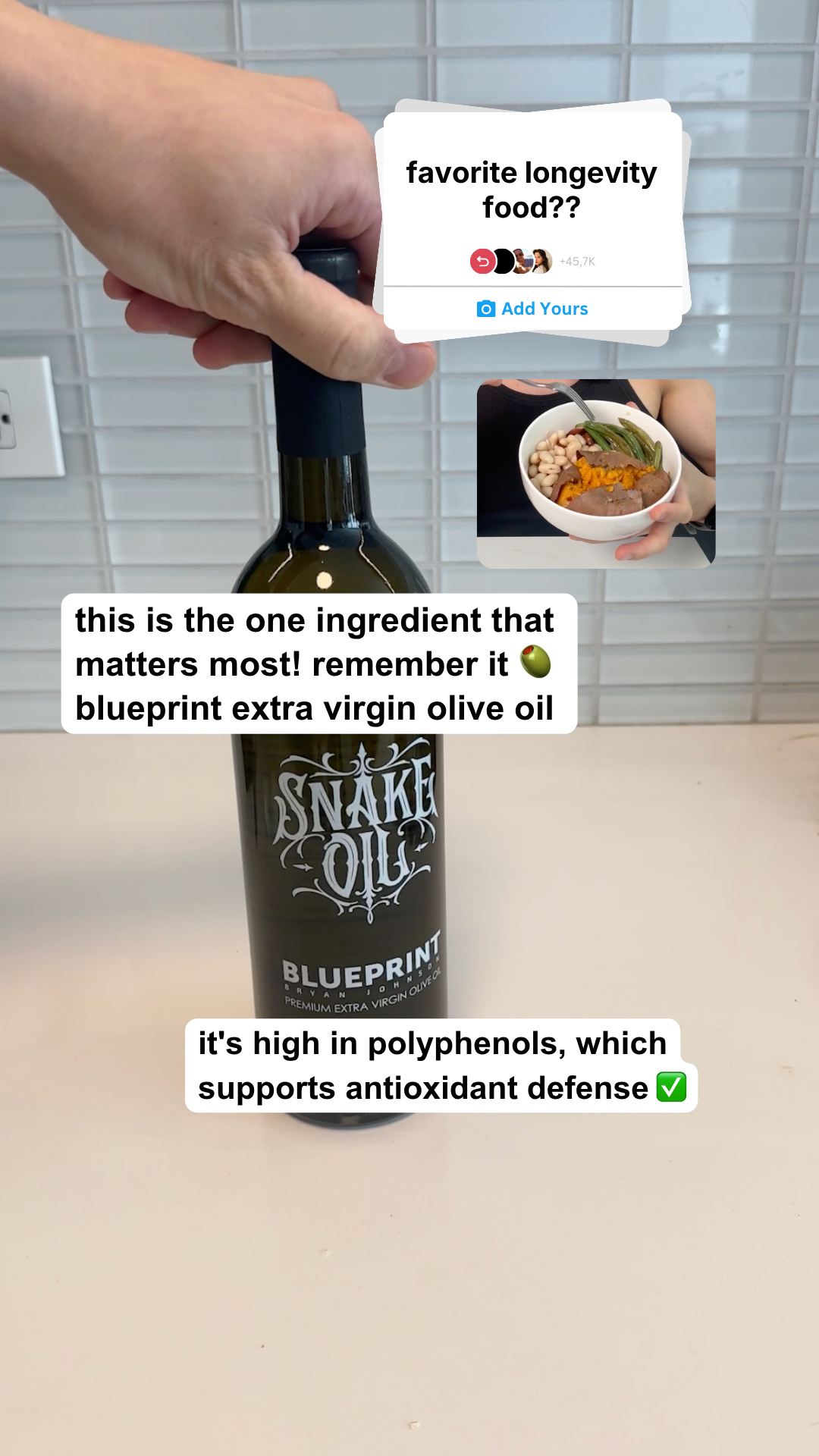 Blueprint Longevity Facebook ad: Extra Virgin Olive Oil made for Longevity.