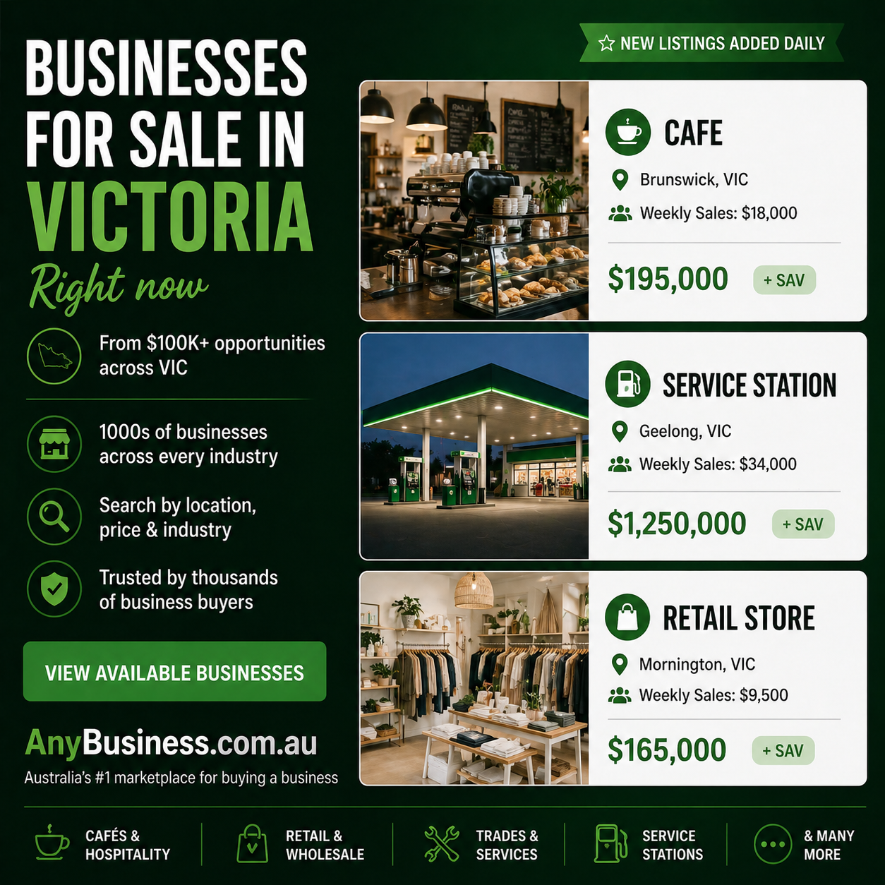 anybusiness.com.au Facebook ad: Browse 10,000+ Businesses For Sale In Victoria